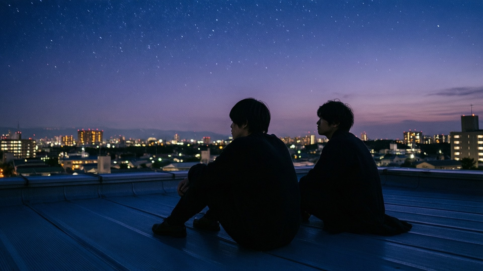 Rooftop Twilight Talk 壁紙 — 兩個剪影人物並排坐在屋頂上，凝視著繁星點點的暮色天空，下方是閃爍的城市景觀。