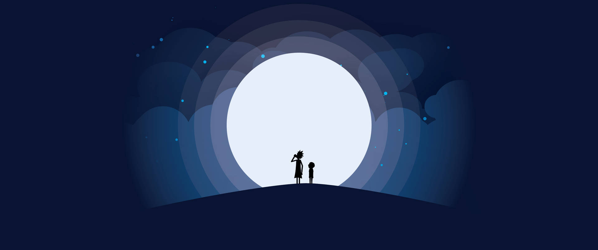 兩個孩子在風格化的夜空下，以一個大月亮為背景的剪影。 — 3440X1440 壁紙