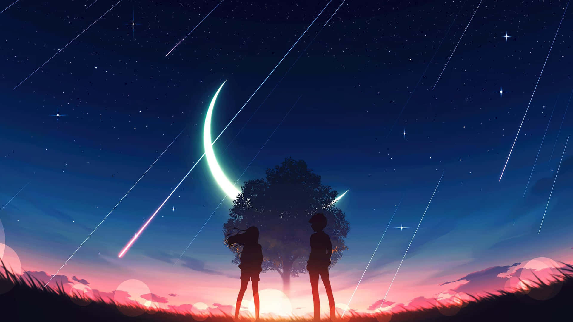  壁紙 — 兩個剪影人物站在發光的彎月和流星下，背景是暮色天空。