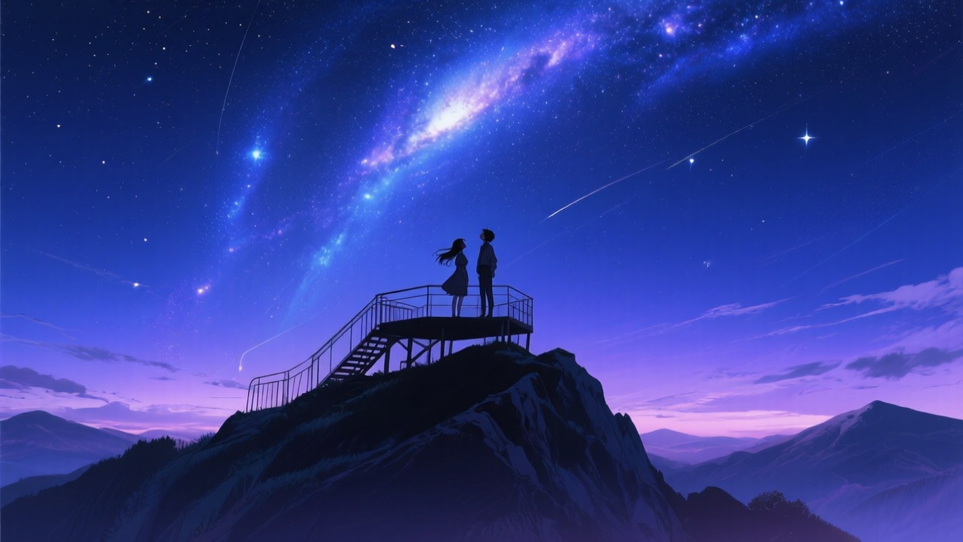 Starry Night Overlook 壁紙 — 兩個剪影人物在黃昏時站在山頂，仰望一個充滿流星、色彩鮮豔的紫色和藍色星系。
