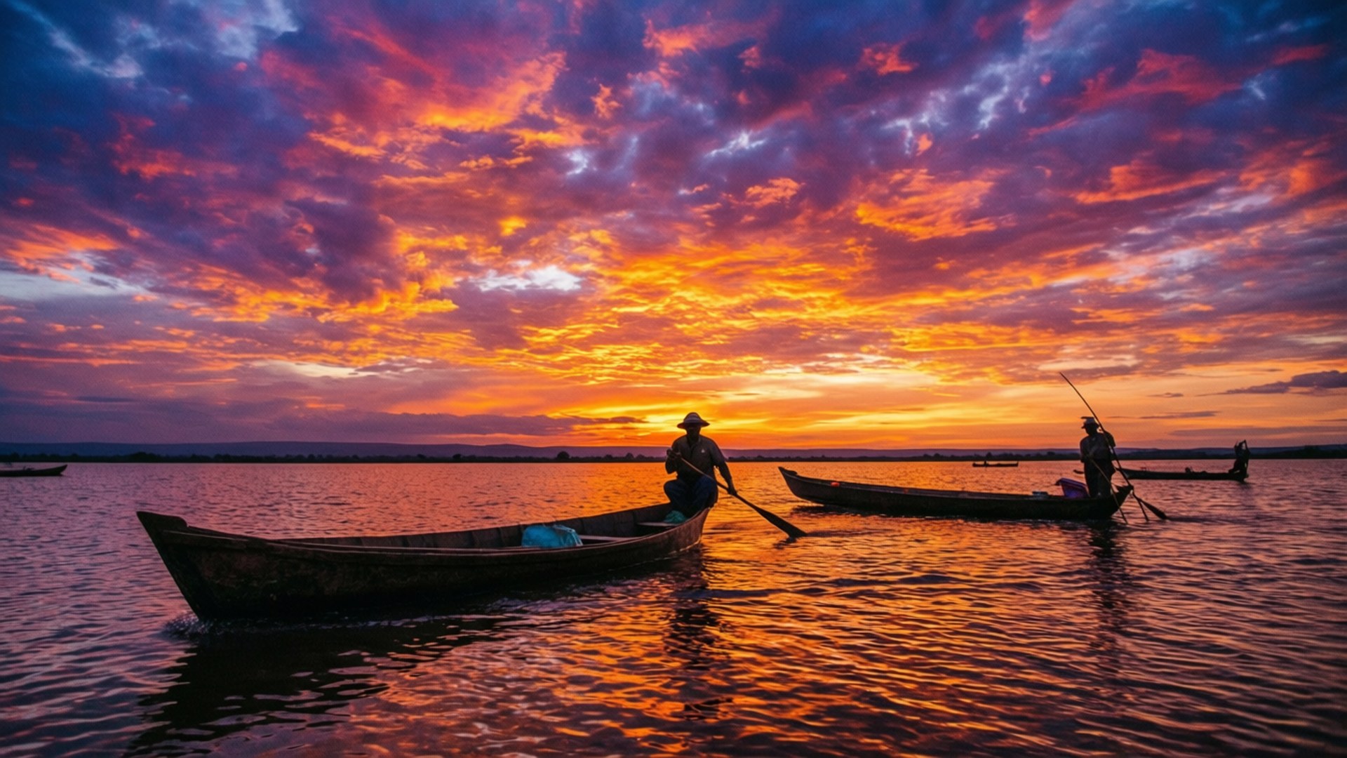 Lake Victoria Sunset Fishing 壁紙 — 兩個剪影漁夫在木船上划槳穿過湖泊，天空是火燒般的日落，塗上橙色、紫色和粉紅色的雲彩。