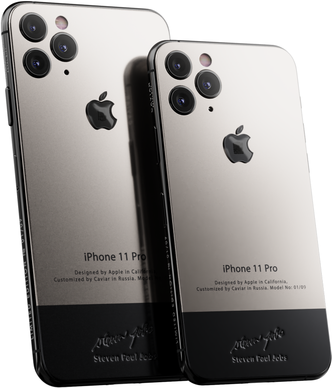 兩支銀色 iPhone 11 Pro 手機，帶有 Caviar 客製化和 Steve Jobs 簽名。 — iPhone 11 壁紙