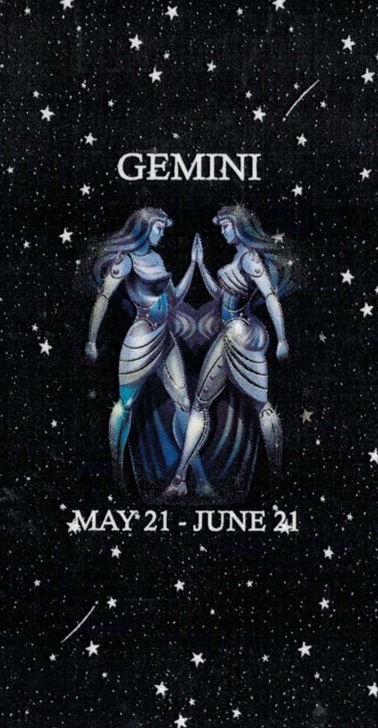 gemini 桌布 壁紙 — 兩個銀色雙胞胎人物穿著飄逸長袍，背對背站在星空夜空下，下方有GEMINI字樣和日期範圍。