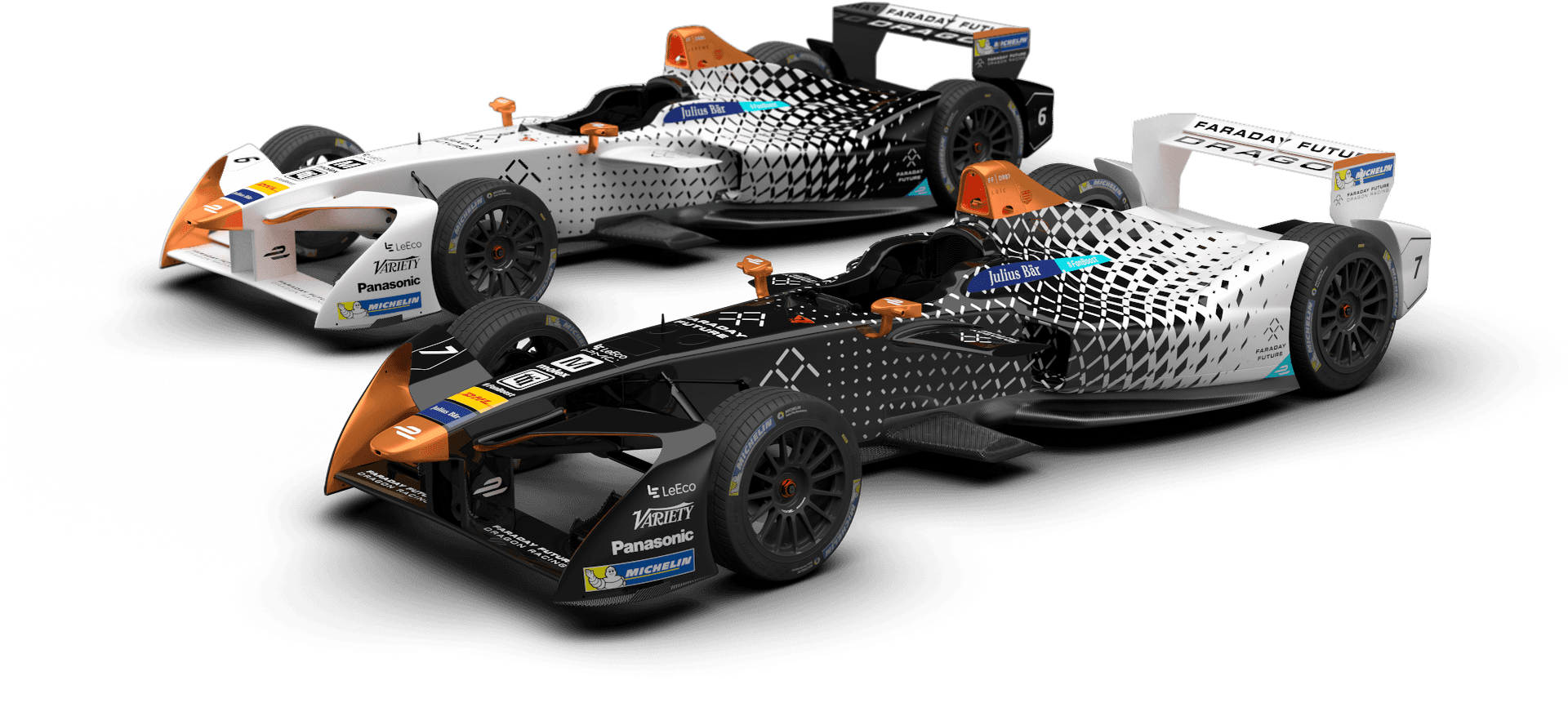 兩輛Formula E賽車，帶有幾何圖案和贊助商標誌，背景為黑色。 — F1 壁紙