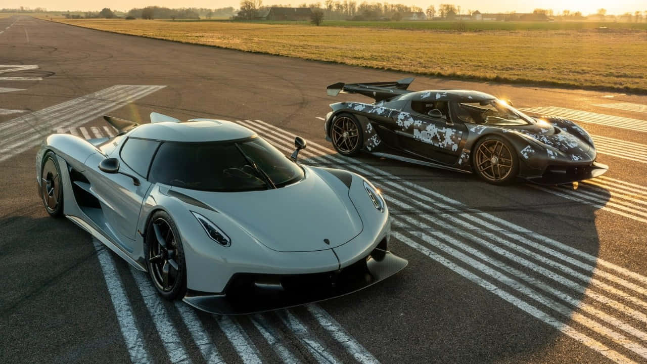  壁紙 — 兩輛時尚超跑，一輛銀色Koenigsegg和一輛黑色迷彩Koenigsegg，在黃金時段的跑道上休息，投下長長的影子。