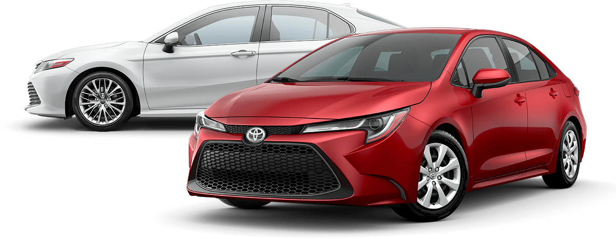 兩款現代豐田轎車，紅色和白色，在攝影棚燈光下展示。 — Toyota Supra 壁紙