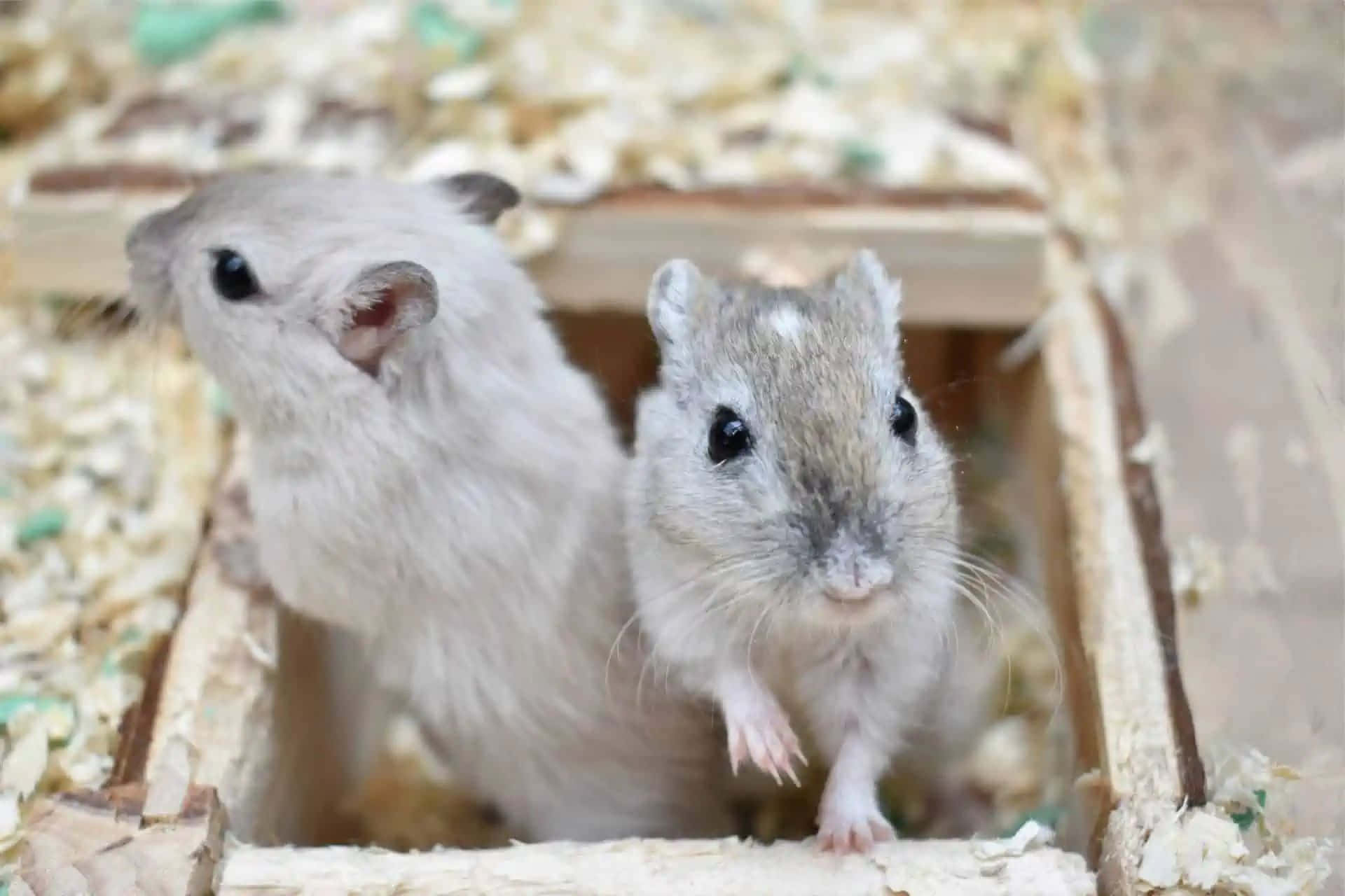 Gerbil 桌布 壁紙 — 兩隻小沙鼠在一個舒適的圍欄中，從木屑中的木製藏身處好奇地探出頭來。