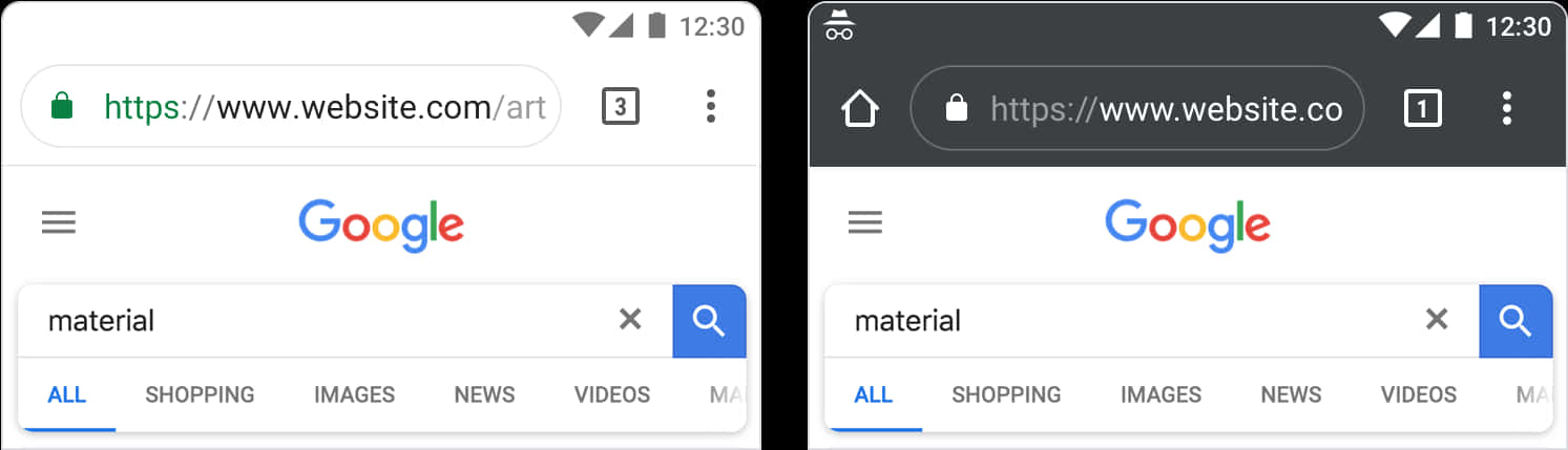 兩部Android手機以不同瀏覽器分頁顯示Google搜尋material。 — Google 壁紙