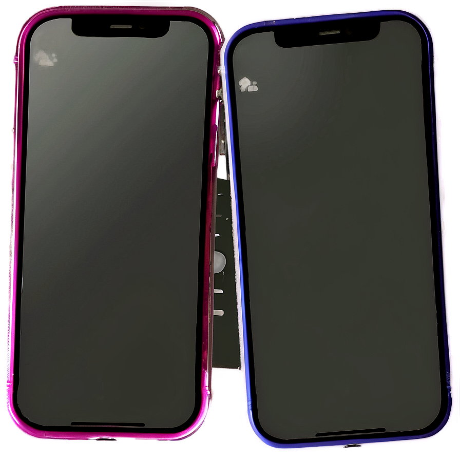 兩部帶有發光粉紅色和藍色邊框的智慧型手機並排站立。 — iPhone 11 壁紙