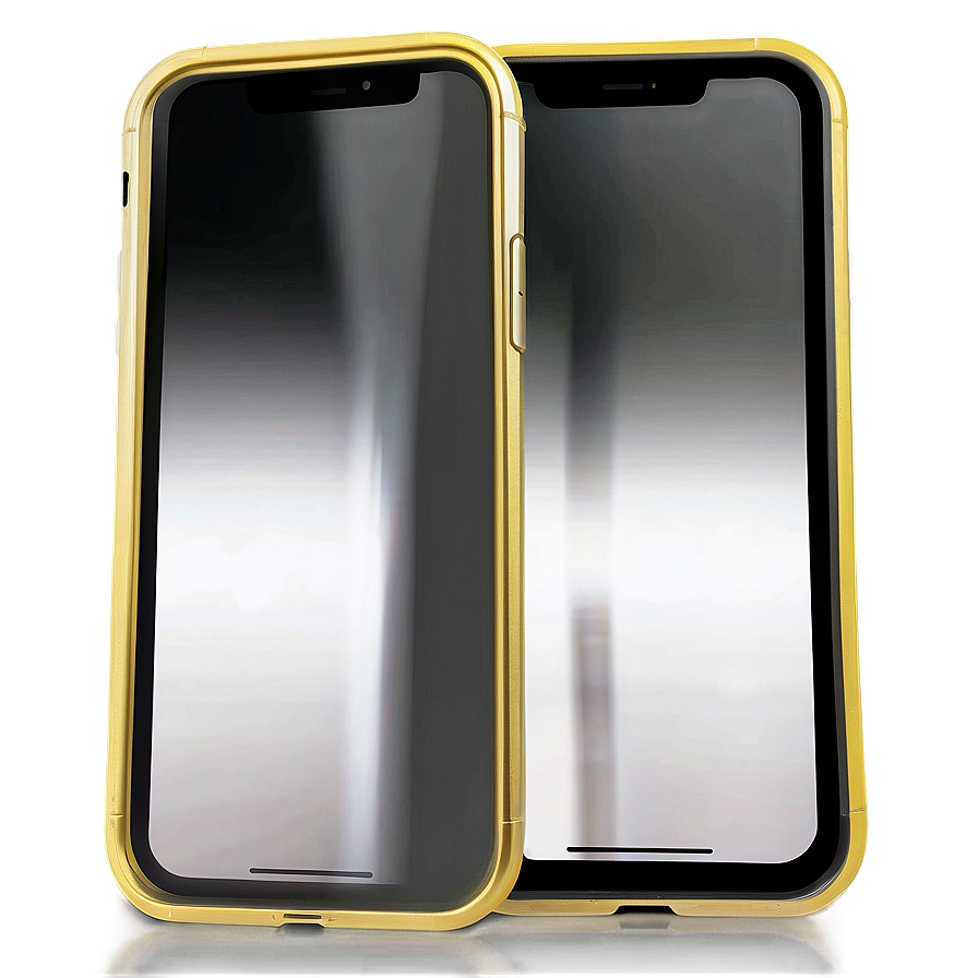 兩支金色邊框智慧型手機在反光表面上輕輕發光。 — iPhone 11 壁紙