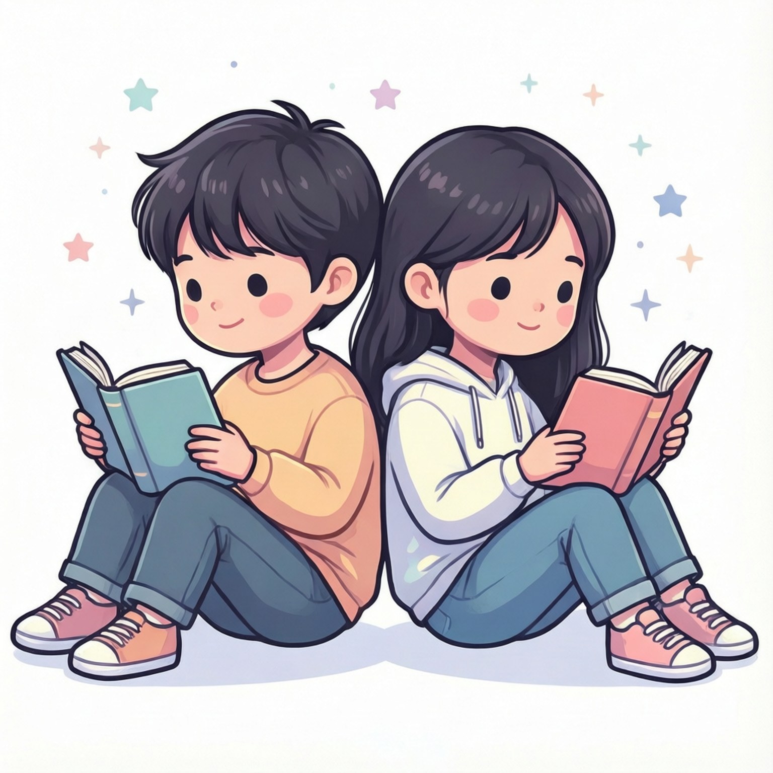 閱讀夥伴剪貼圖 壁紙 — 兩個微笑的孩子背對背坐著看書，彩色星星在他們周圍飄浮。