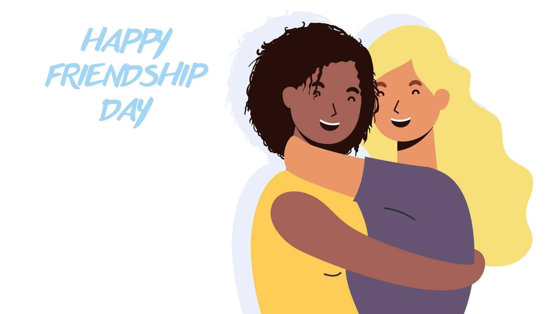 壁紙 — 兩位微笑的朋友在純白背景上溫暖擁抱，並帶有「Happy Friendship Day」文字。