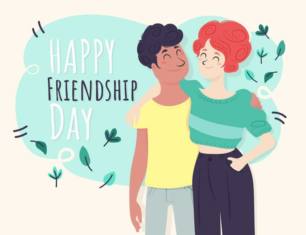  壁紙 — 兩位微笑的朋友在粉藍綠色背景上，帶有葉子裝飾和「Happy Friendship Day」文字，溫暖地擁抱。
