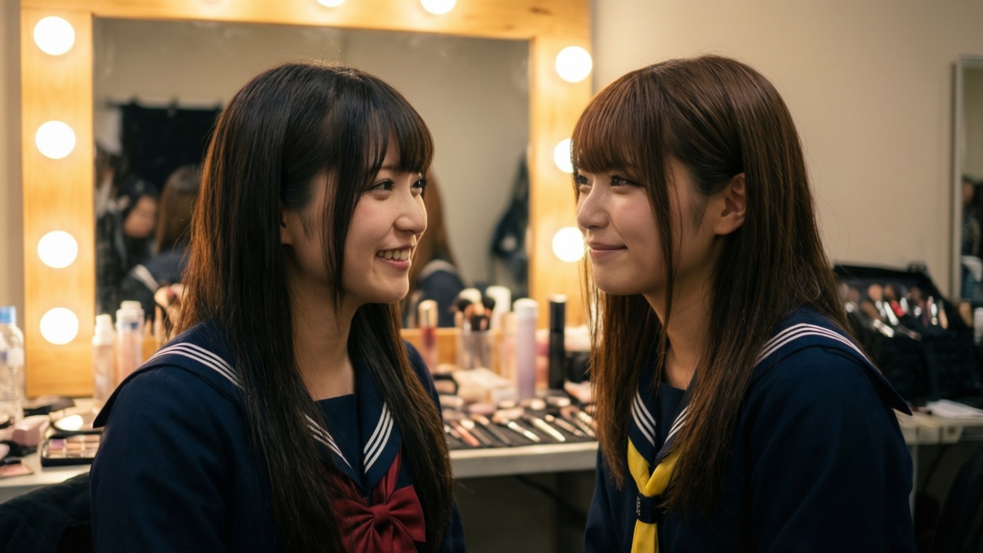 Pjsk 桌布 壁紙 — 兩名穿著水手服、微笑的日本女學生在燈光明亮的後台化妝間分享溫馨時刻。