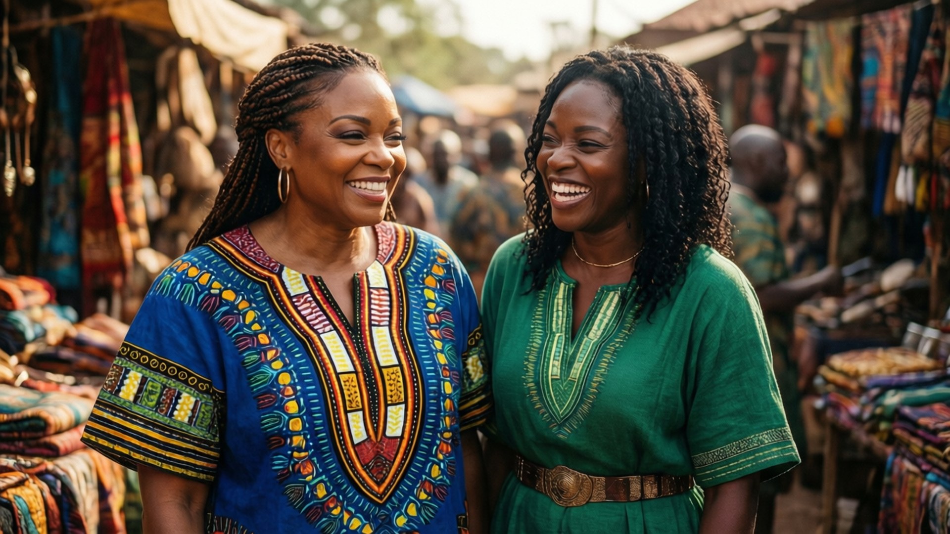 Sisters of Wakanda 壁紙 — 兩位微笑的女性身穿鮮豔的非洲服飾，在熙熙攘攘的紡織市場中，在溫暖的金色光線下緊密地站在一起。