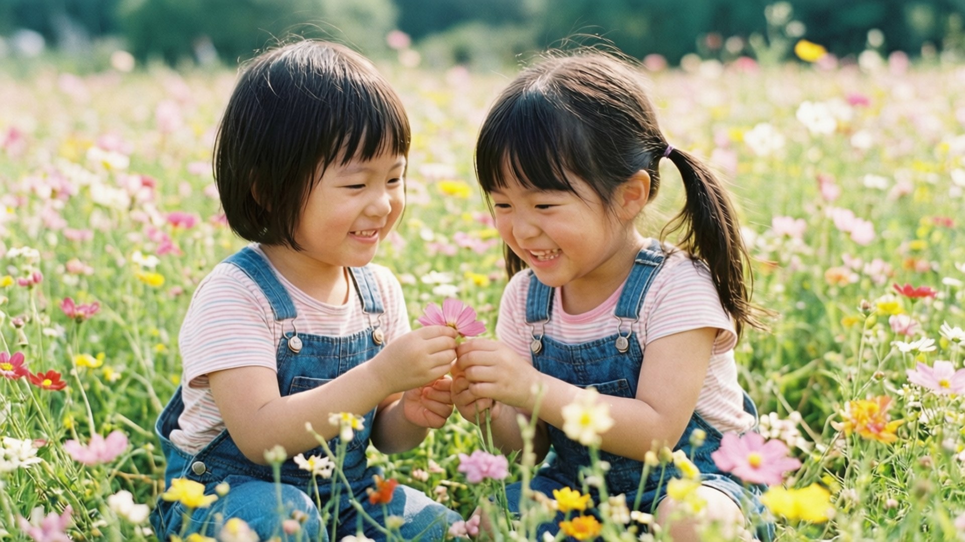 Childhood Friends 壁紙 — 兩個微笑的年輕女孩穿著牛仔工裝褲，在陽光明媚、色彩繽紛的野花田中分享一朵粉紅色的花。