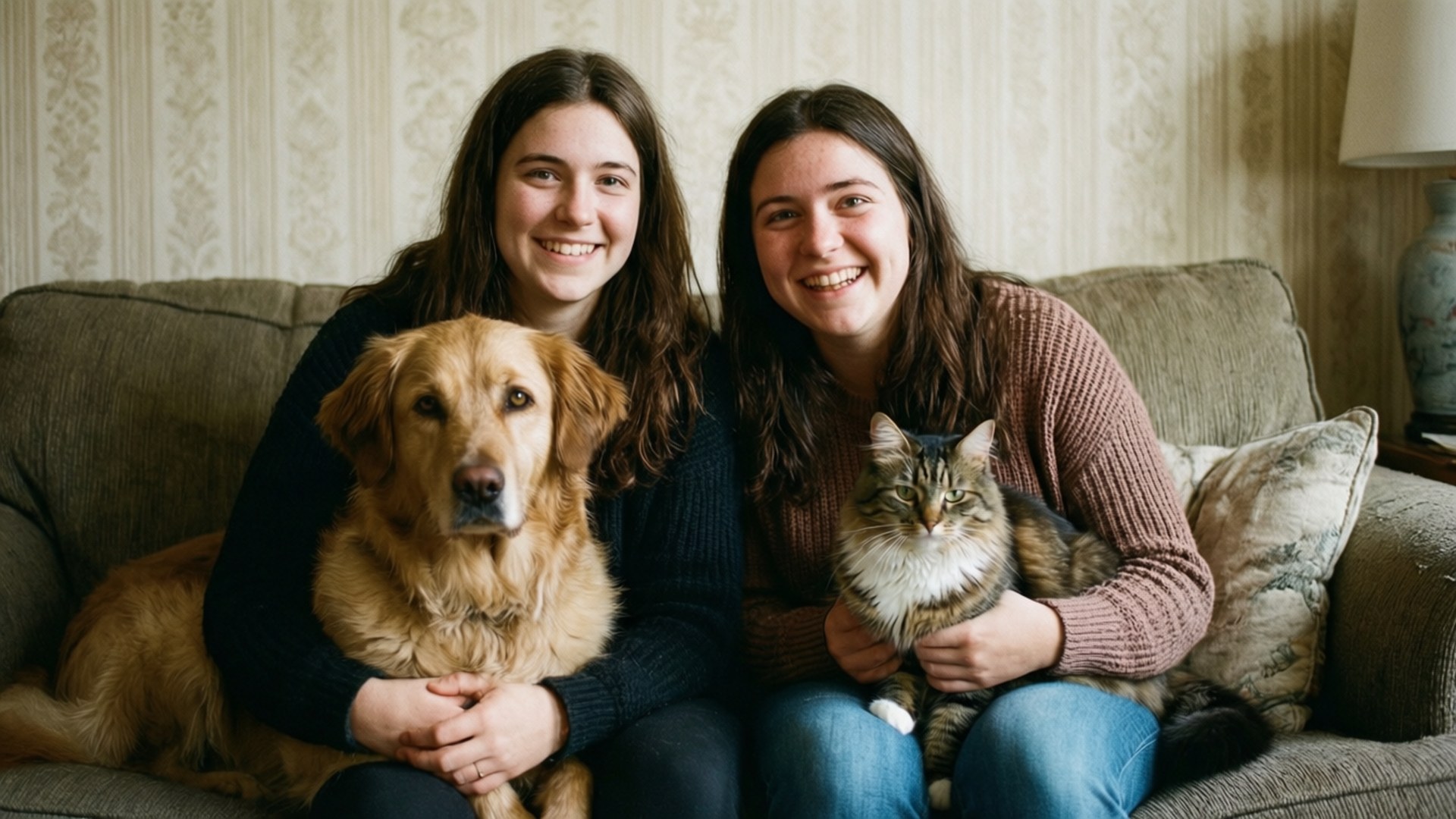 Besties and Pets 壁紙 — 兩位微笑的年輕女性坐在沙發上，各自抱著一隻金毛尋回犬和一隻虎斑貓，背景是圖案壁紙。