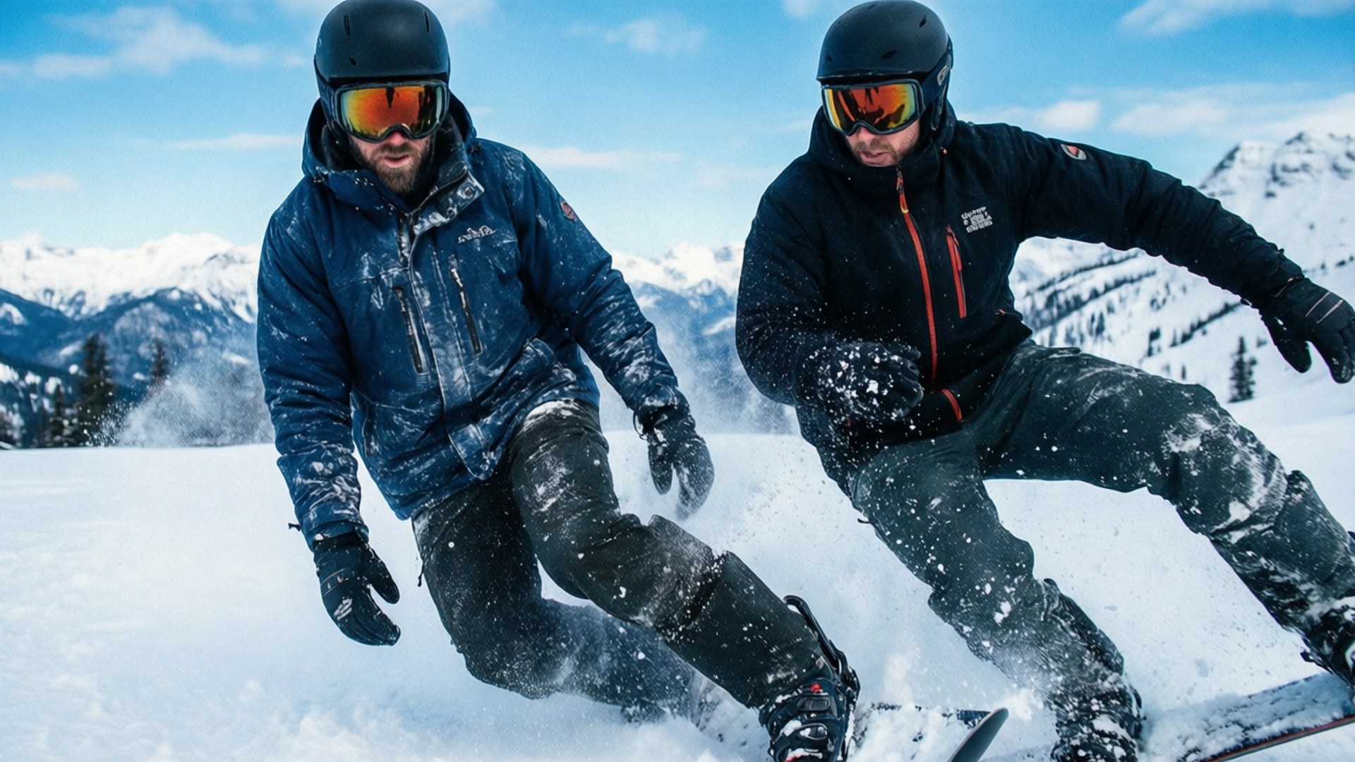 Winter Sports 壁紙 — 兩個滑雪板手在晴朗的日子裡，以積雪的山脈為背景，穿過新鮮的粉雪。