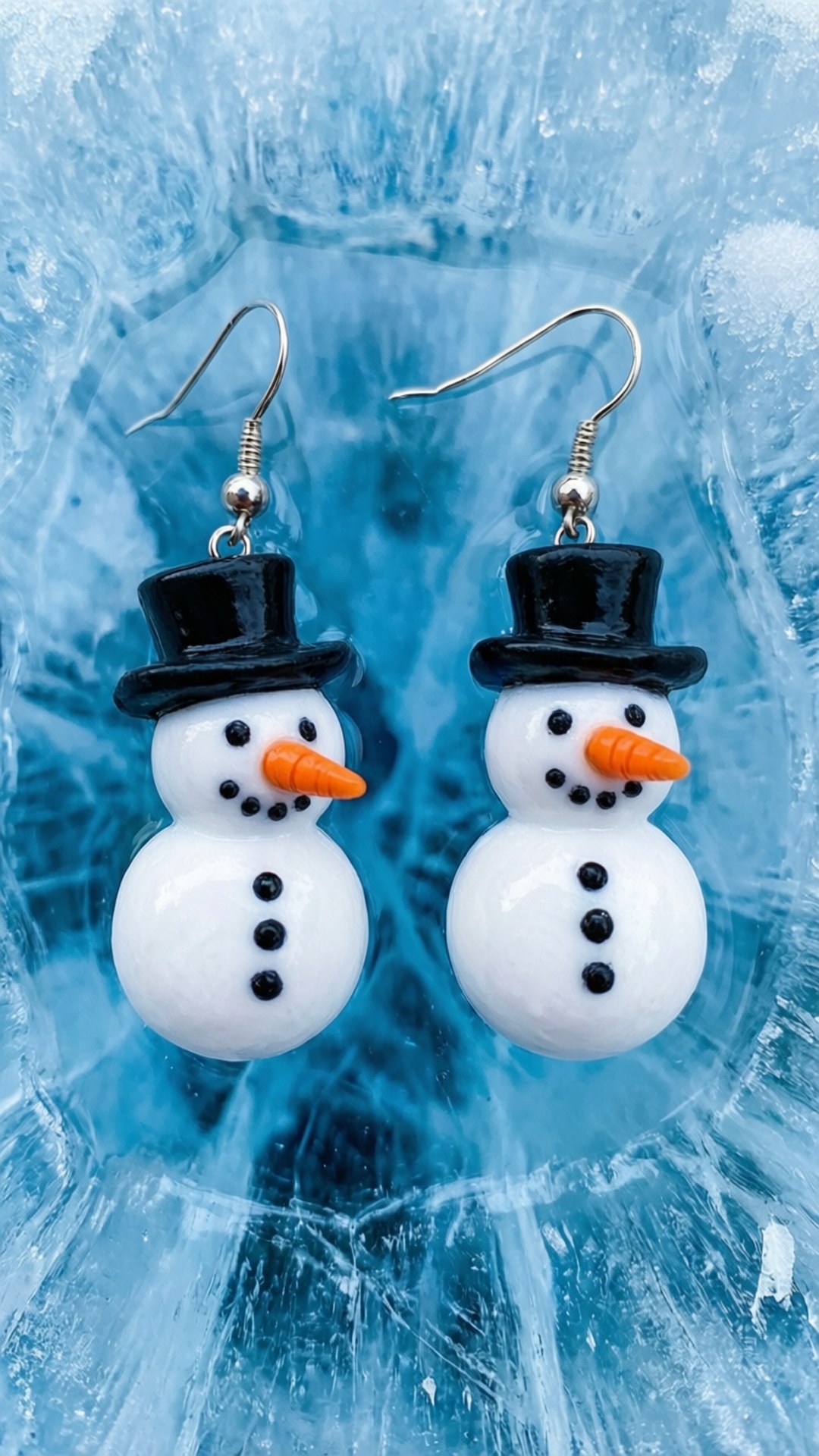 Christmas Earring Free 桌布 壁紙 — 兩個戴黑色高帽和胡蘿蔔鼻子的雪人耳環放在有紋理的藍色冰背景上。