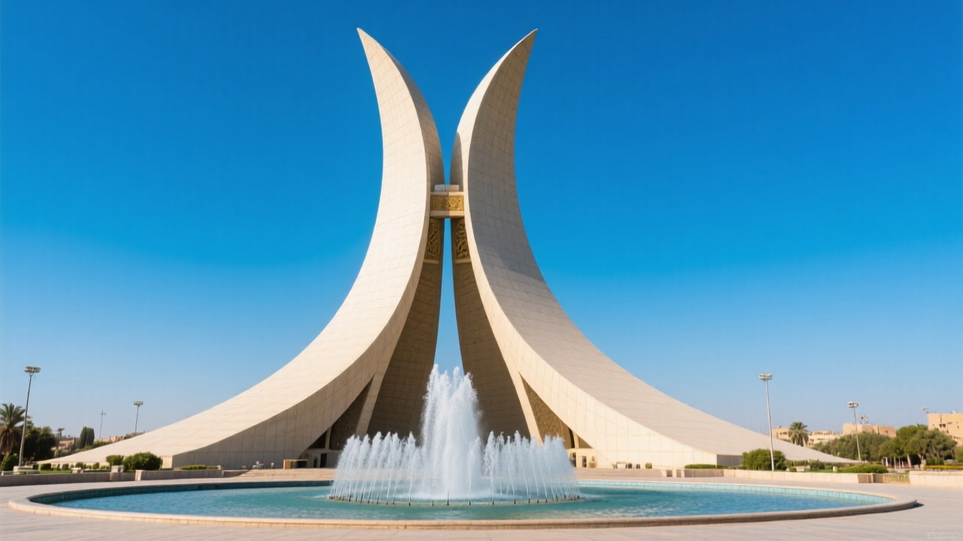 Al-Shaheed Monument 壁紙 — 兩個高聳的白色弧形拱門在晴朗的藍天下環繞著中央噴泉。