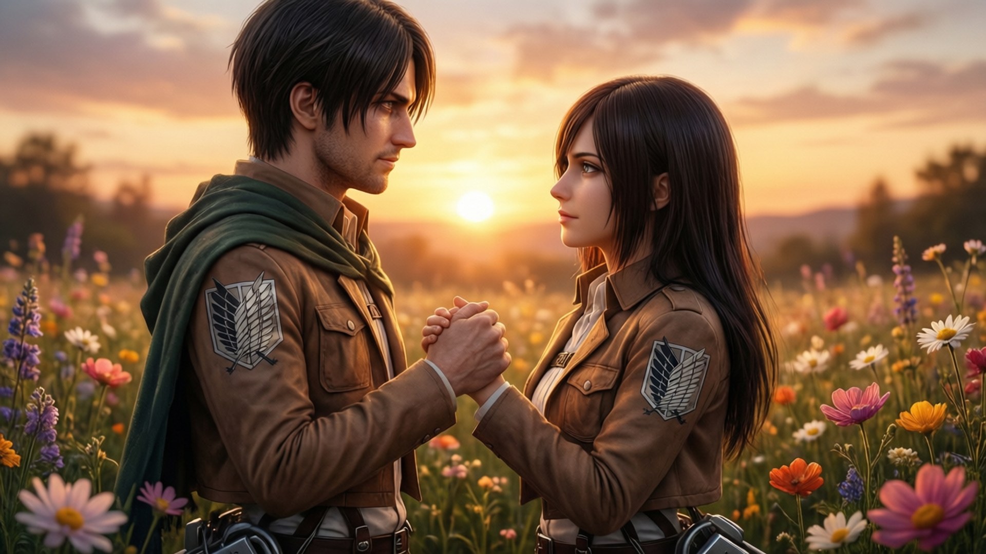 Ymir's Promise 壁紙 — 兩名身穿棕色制服、帶有翼狀徽章的士兵在陽光明媚、色彩繽紛的野花田中日落時分牽手。