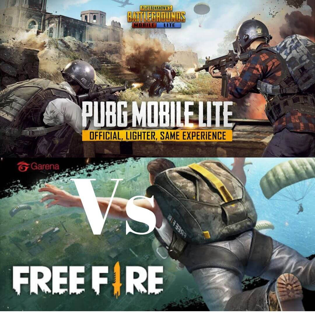 PUBG Mobile Lite vs Free Fire 遊戲比較海報，包含士兵和跳傘者。 — Free Fire 壁紙
