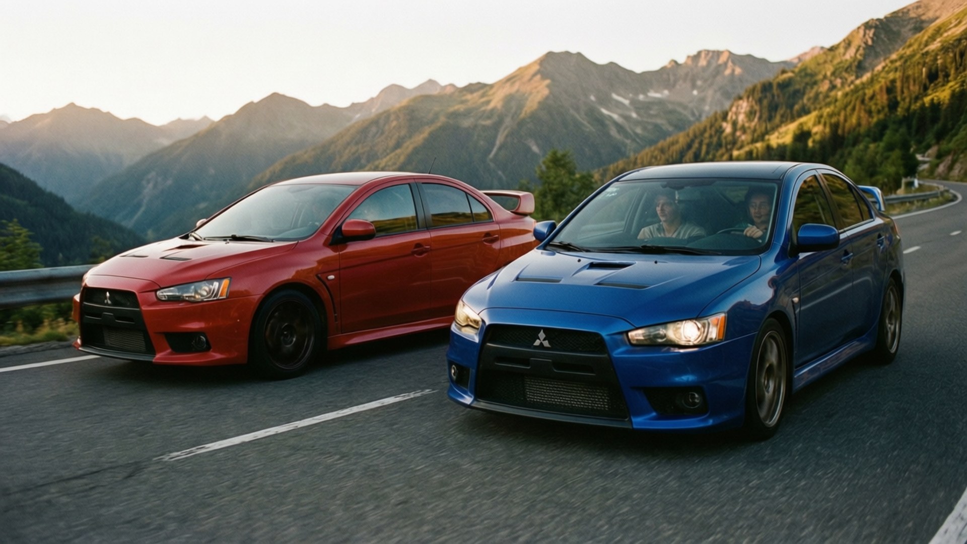 Red and Blue Evo Duo 壁紙 — 兩輛運動型三菱Lancer Evolution轎車，一紅一藍，在日落時分並排行駛在蜿蜒的山路上。