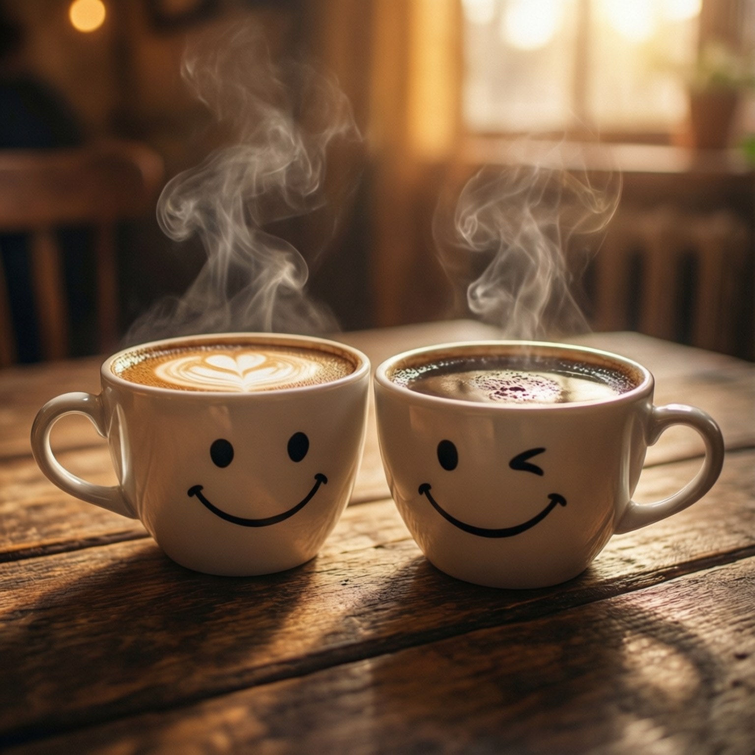 Coffee Besties 壁紙 — 兩個冒煙的咖啡杯，杯上有笑臉，放在一張質樸的木桌上，沐浴在溫暖的陽光中。
