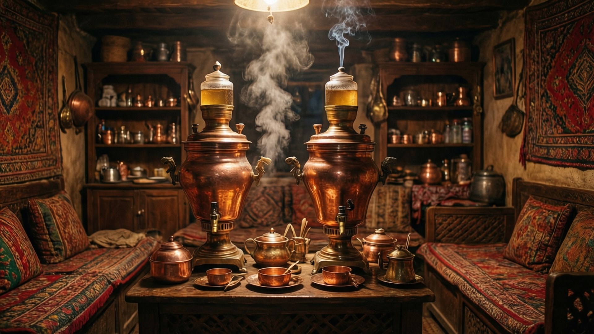 Kashmir 桌布 壁紙 — 兩個冒著蒸氣的銅製薩摩瓦爾位於溫暖光線下的質樸木房間中央，房間裝飾著圖案紡織品和銅器。