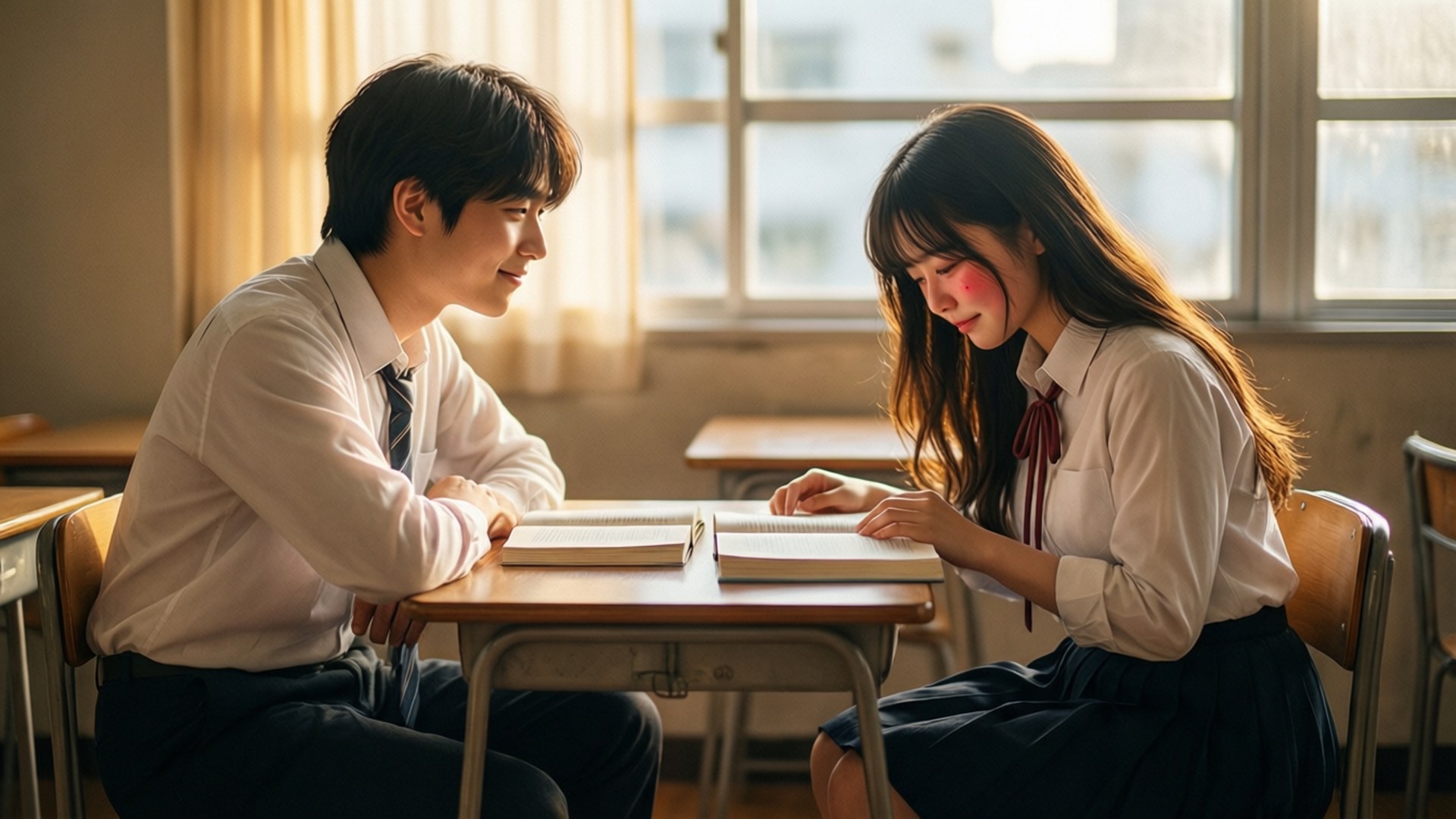 Quiet Moment 壁紙 — 兩名穿著校服的學生坐在陽光普照的教室內的木桌上，在打開的書本上分享寧靜的時刻。