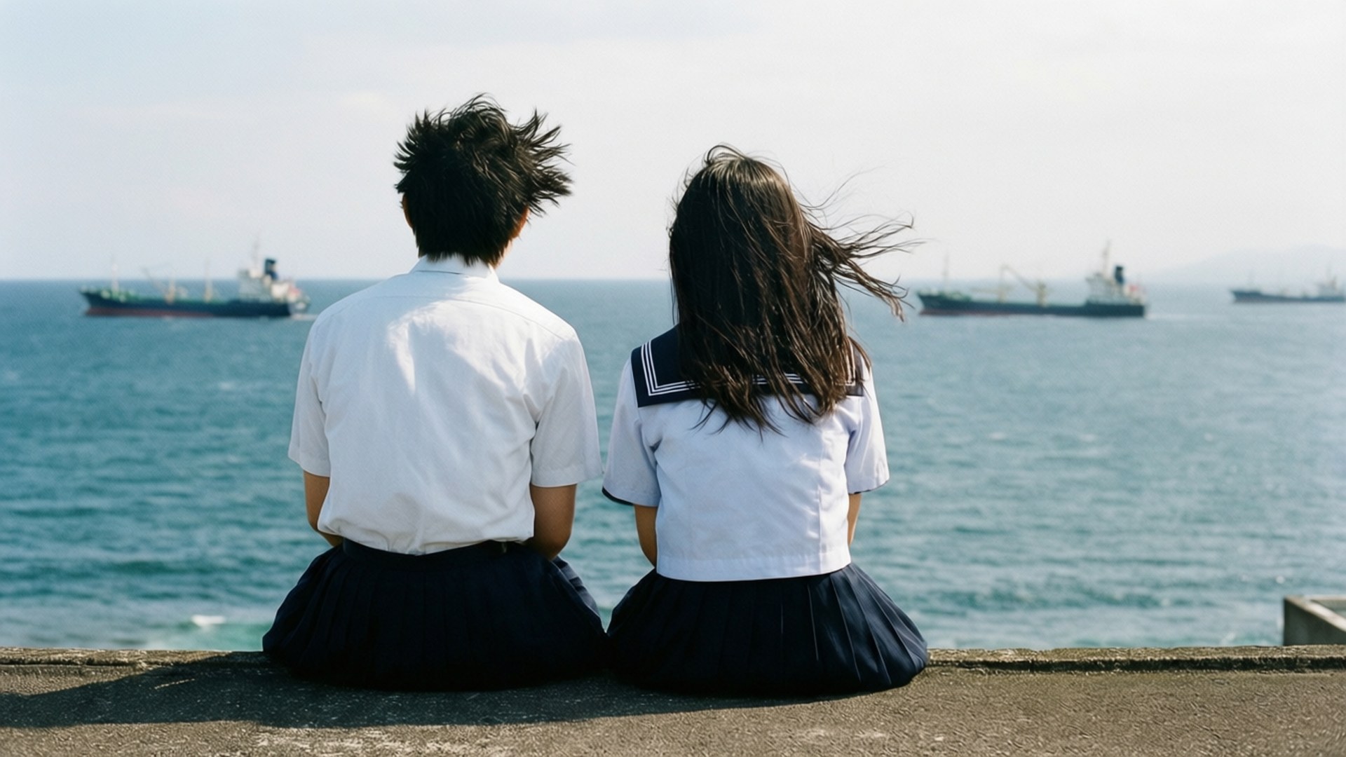 Rooftop Together 壁紙 — 兩名身穿校服的學生並排坐在海堤上，觀看船隻在明亮的天空下駛過海洋。