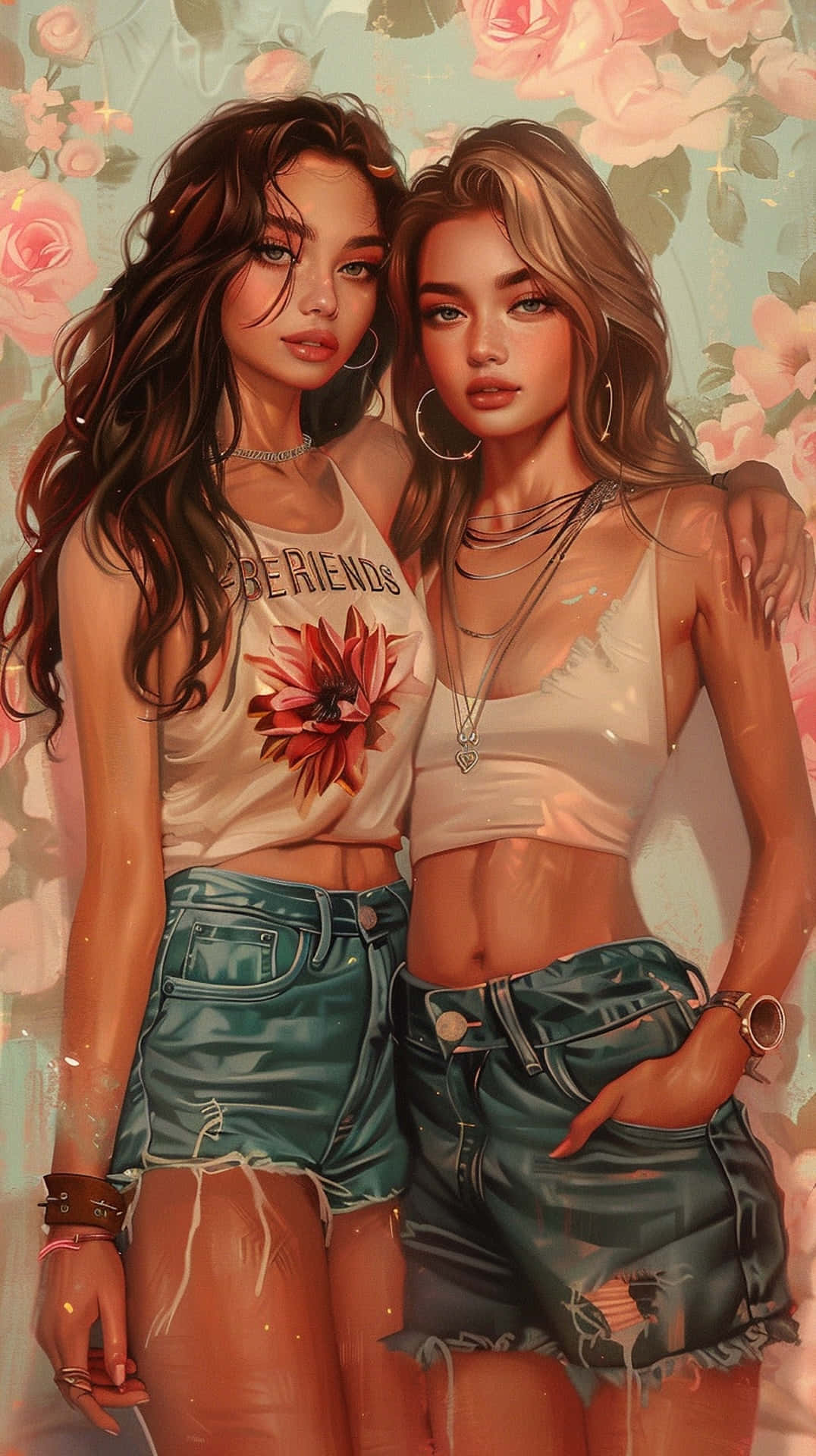  壁紙 — 兩位時尚的年輕女性，長髮及牛仔短褲，在粉紅玫瑰的柔和花卉背景前一起擺姿勢。