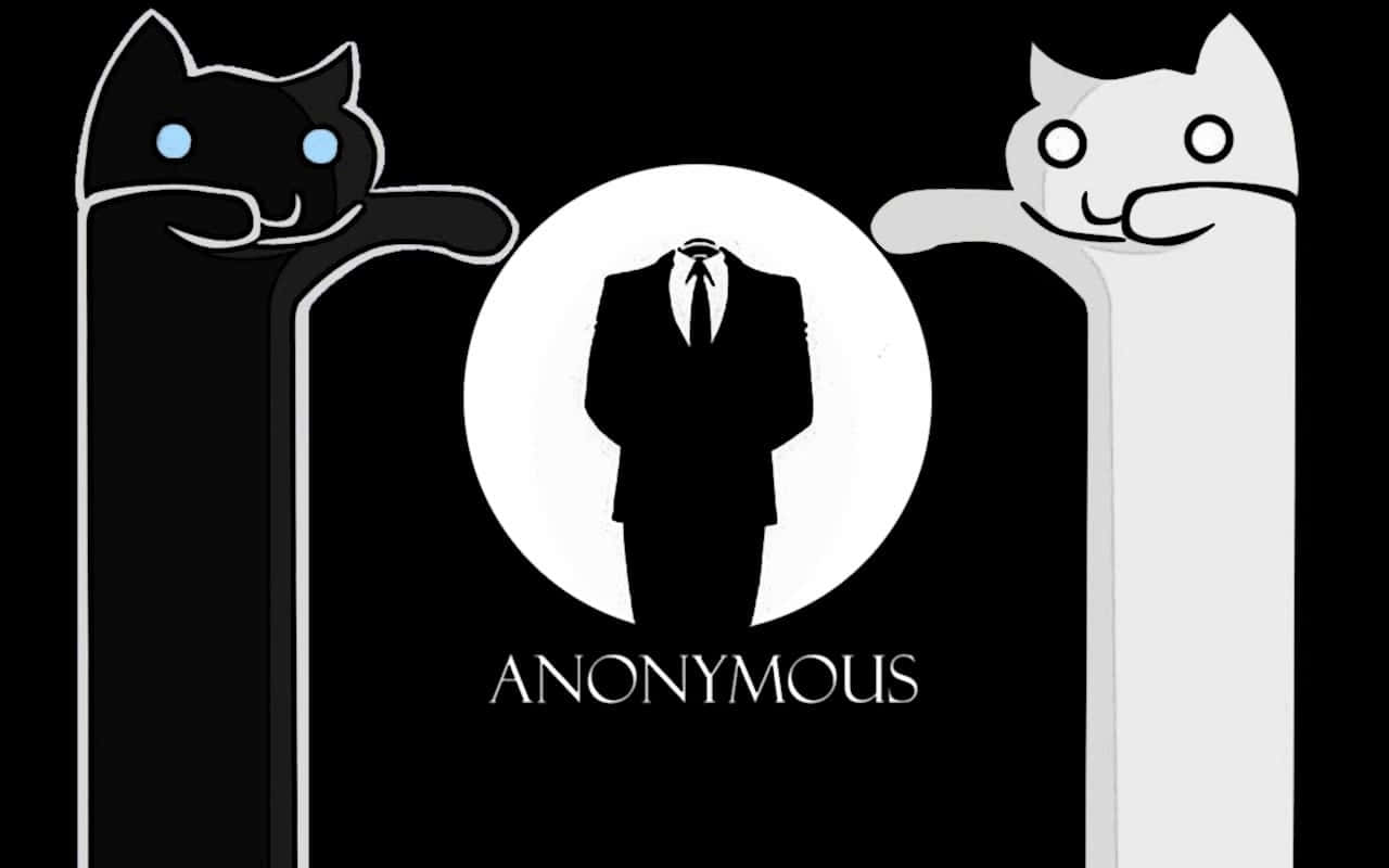  壁紙 — 兩隻風格化的貓在黑色背景上夾著中央的西裝剪影，下方有anonymous字樣。