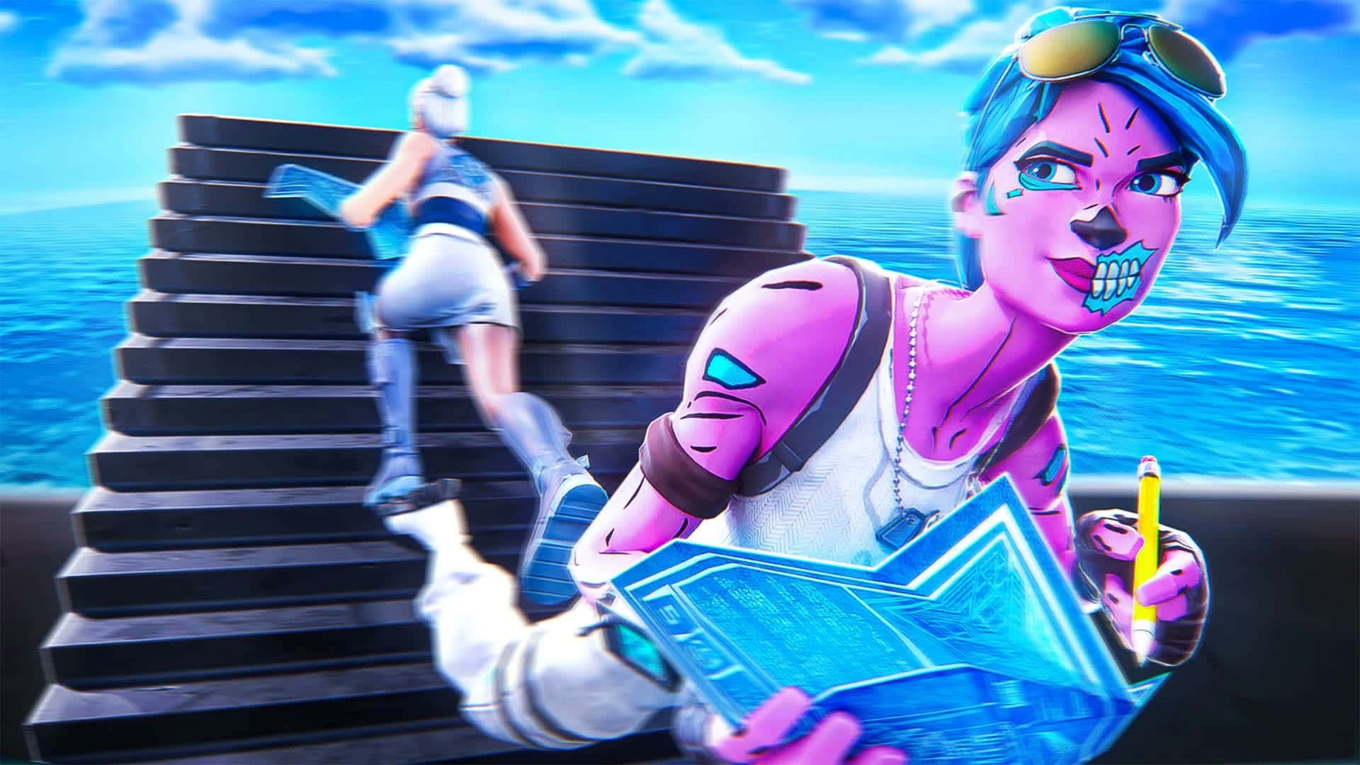  壁紙 — 兩個風格化的Fortnite角色，一個粉紅色骷髏妝容拿著藍圖，另一個在明亮的藍色海洋背景下爬樓梯。