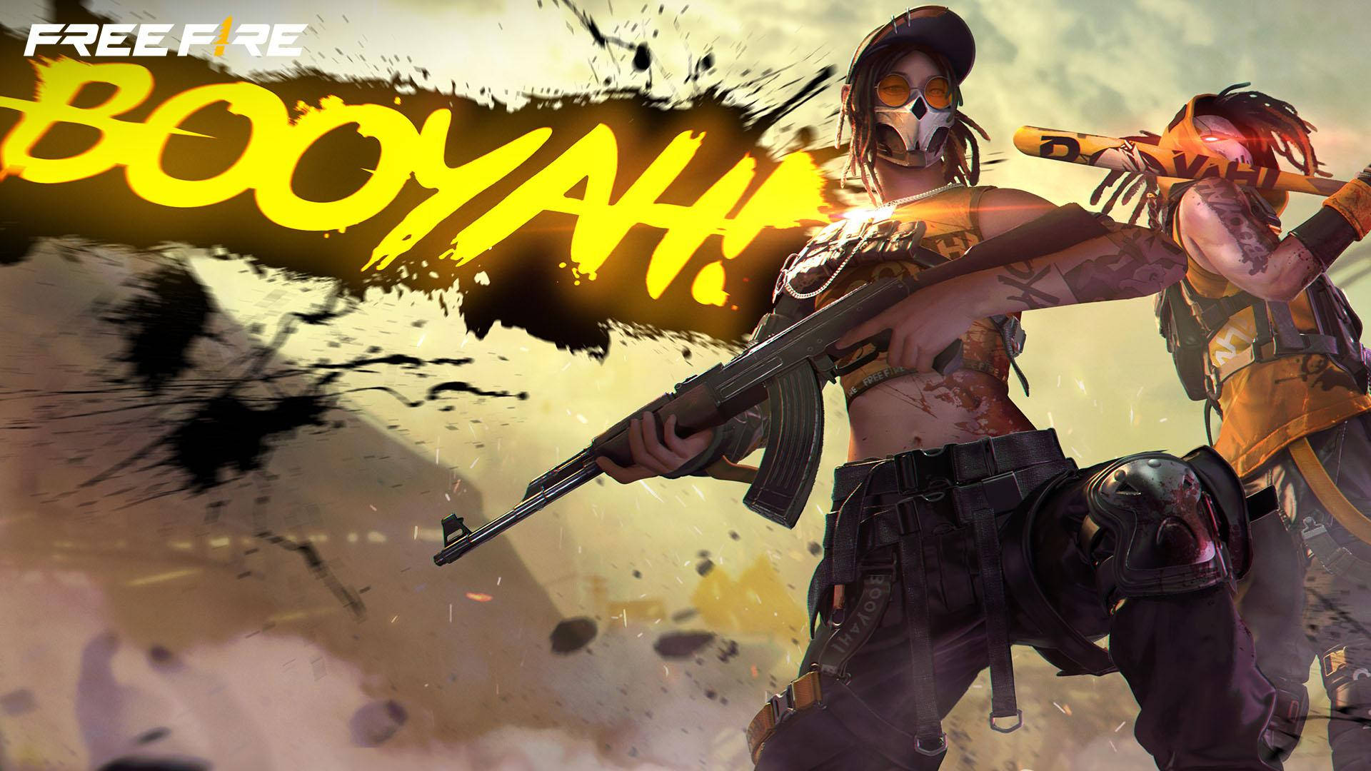 兩名身穿戰鬥裝備的遊戲玩家在爆炸背景下大喊「BOOYAH！」。 — Free Fire 壁紙