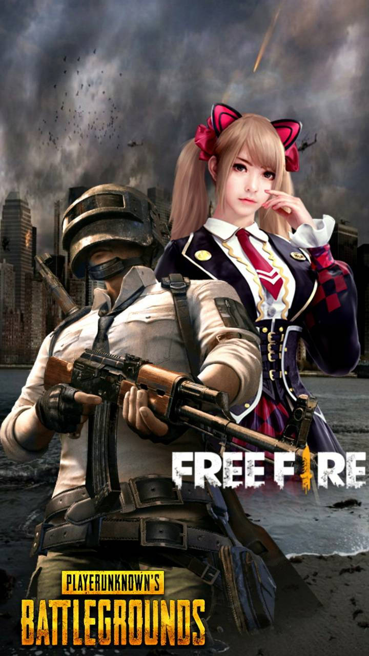 兩個動漫風格的遊戲玩家，身穿戰鬥裝備和校服，站在廢墟城市中。 — Free Fire 壁紙