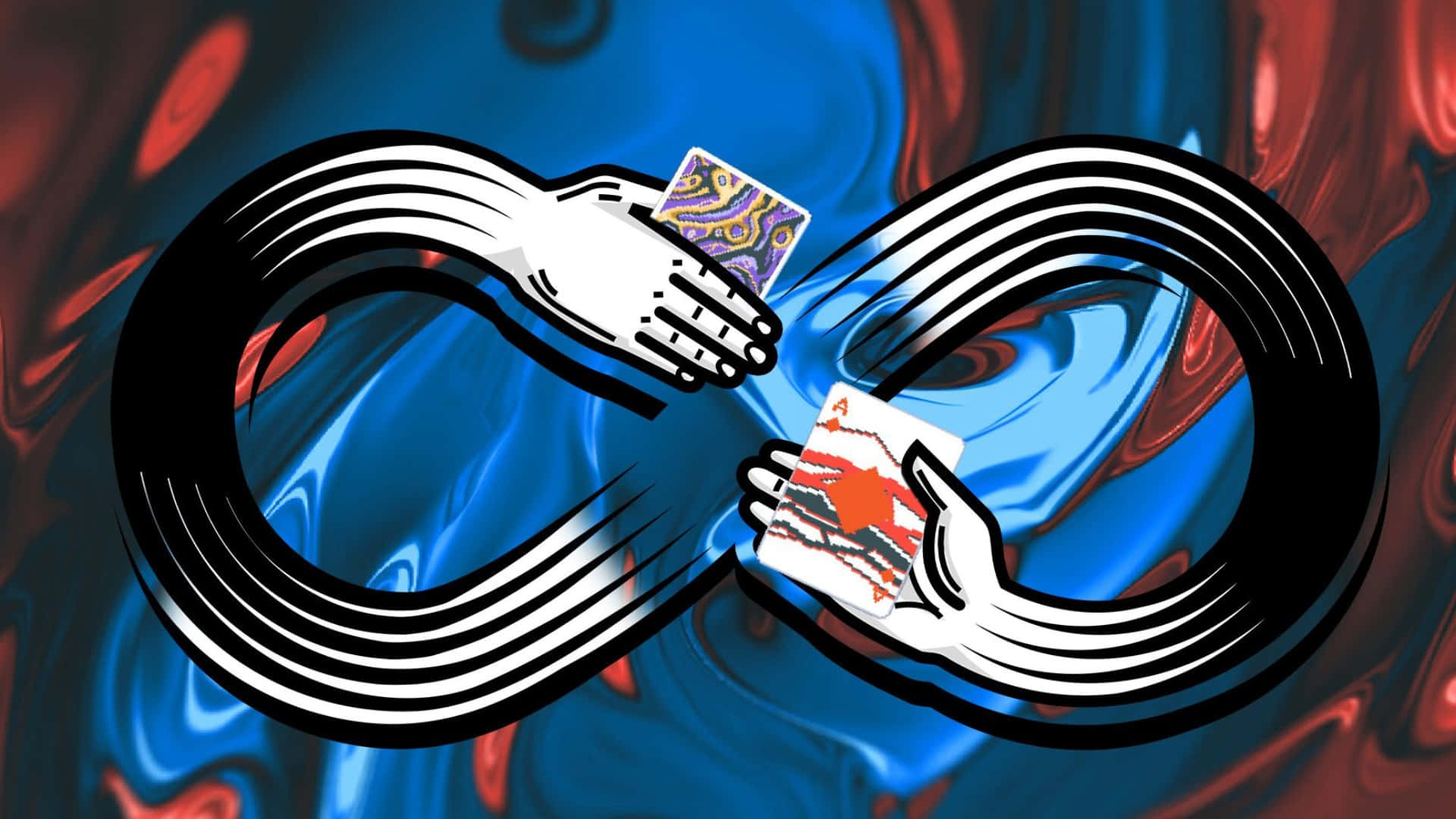  壁紙 — 兩隻風格化的手形成一個無限符號，同時在旋轉的藍色和紅色抽象背景上交換撲克牌。