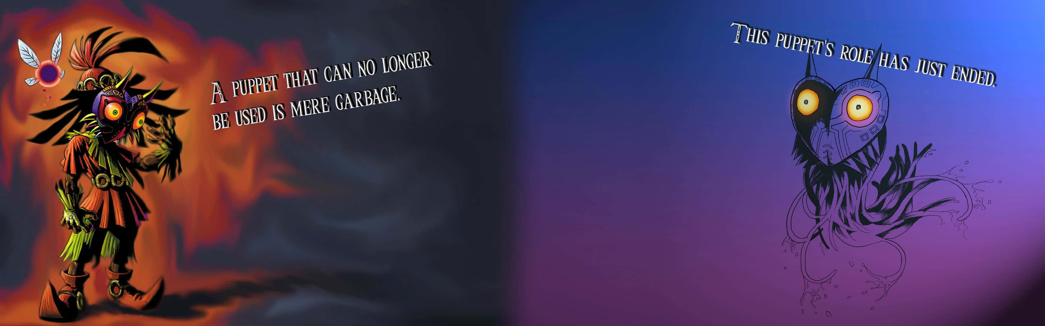 Book Cover 桌布 壁紙 — 兩個風格化的木偶角色，眼睛發光，站在火熱和黃昏的背景前，帶有不祥的文字。