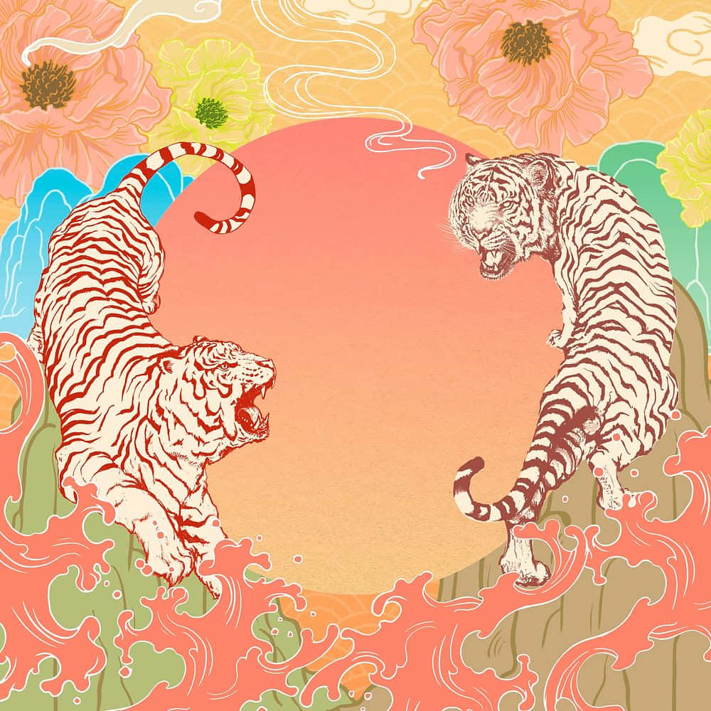  壁紙 — 兩隻風格化的老虎在動態姿勢中咆哮，背景是溫暖的日落，有漂浮的花朵和旋轉的波浪。