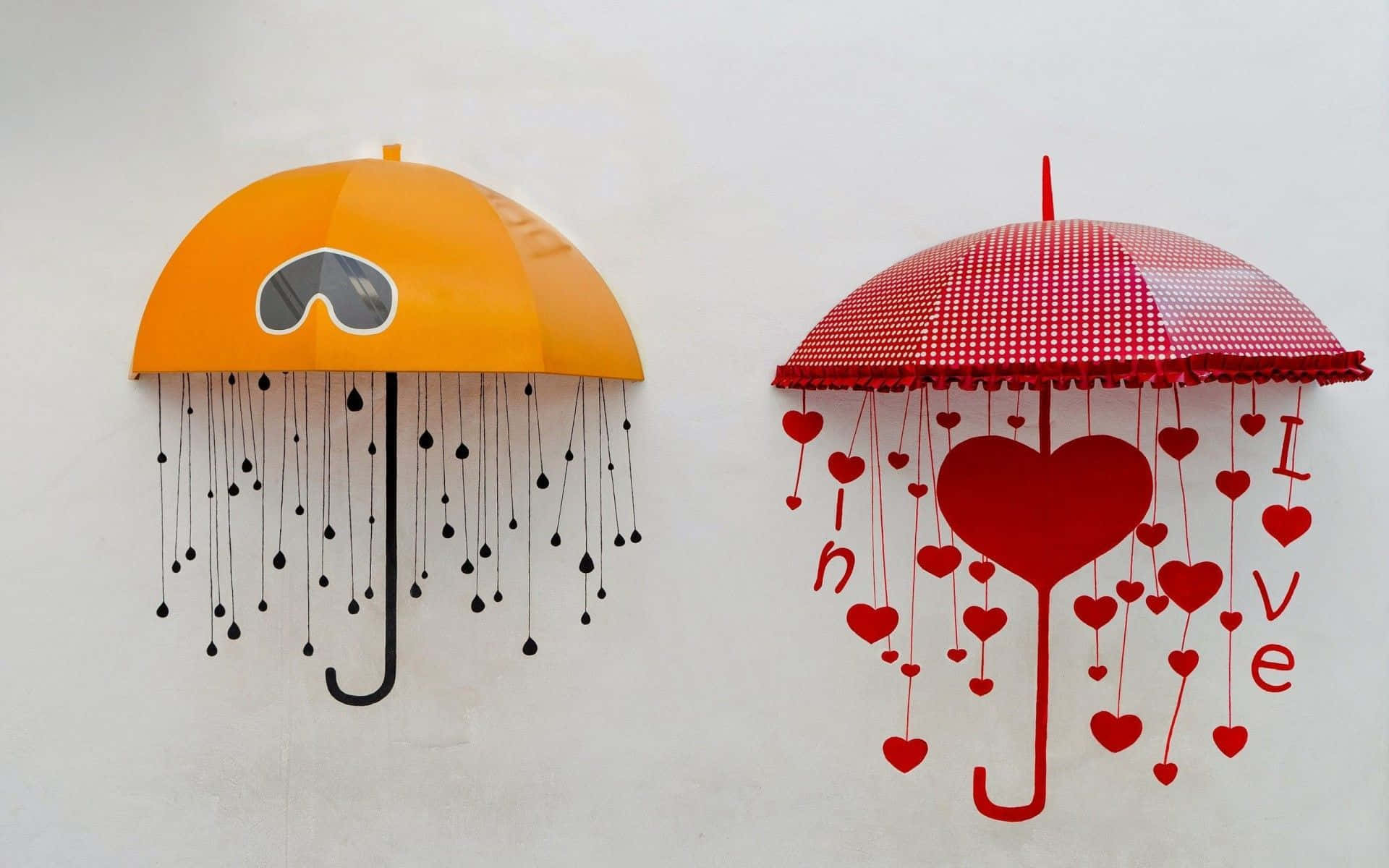  壁紙 — 兩個風格化的雨傘安裝在牆上，一個橙色帶有雨滴，另一個紅色帶有心形和love字樣。