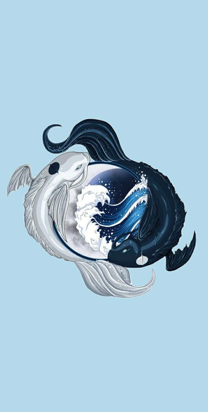  壁紙 — 兩隻風格化的鯨魚狀生物以陰陽姿勢在柔和藍色背景上的天體球體內形成宇宙波。