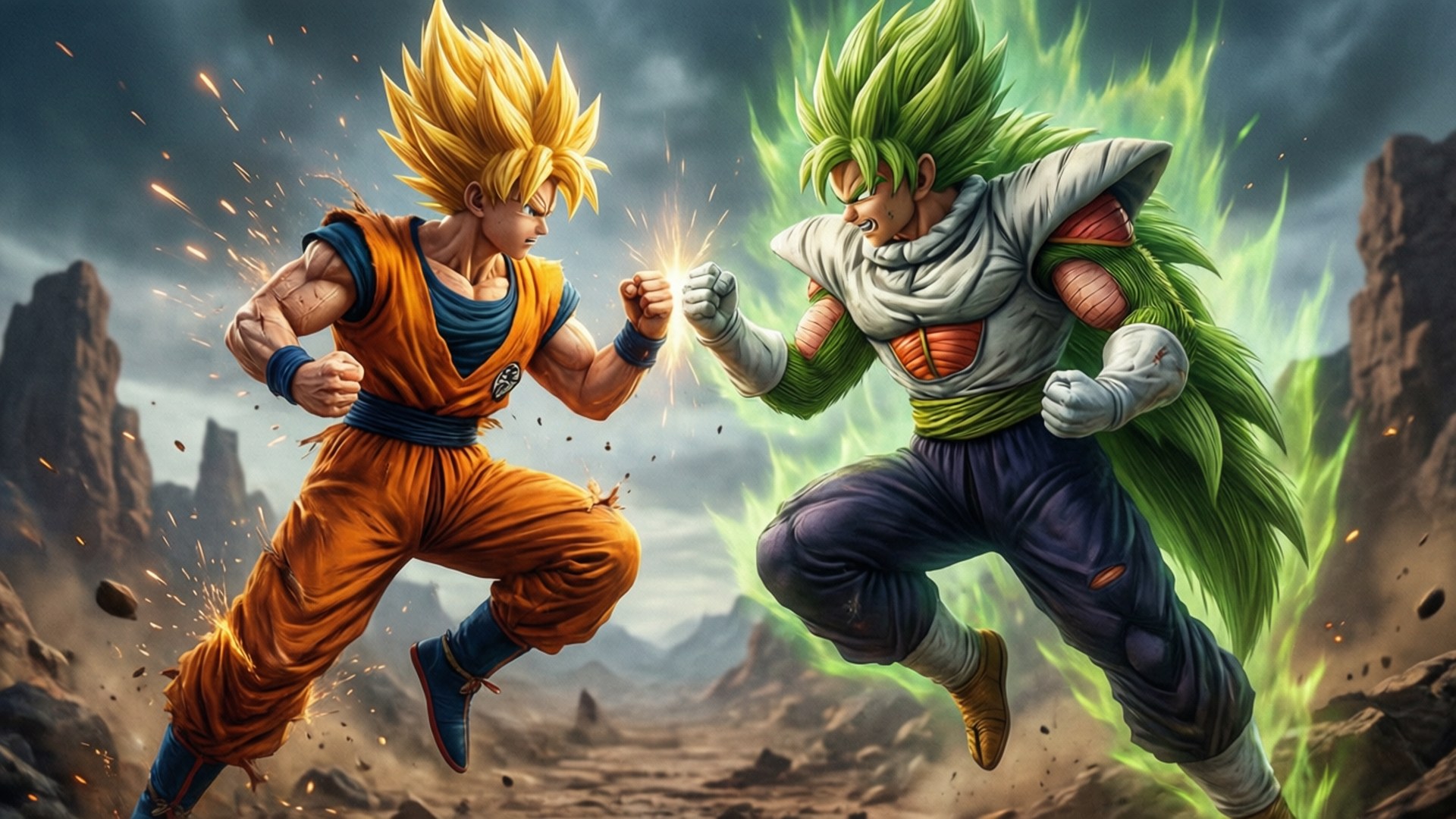 Rivalry of the Saiyans 壁紙 — 兩個超級賽亞人戰士在荒蕪岩石地帶激烈對拳迸發火花