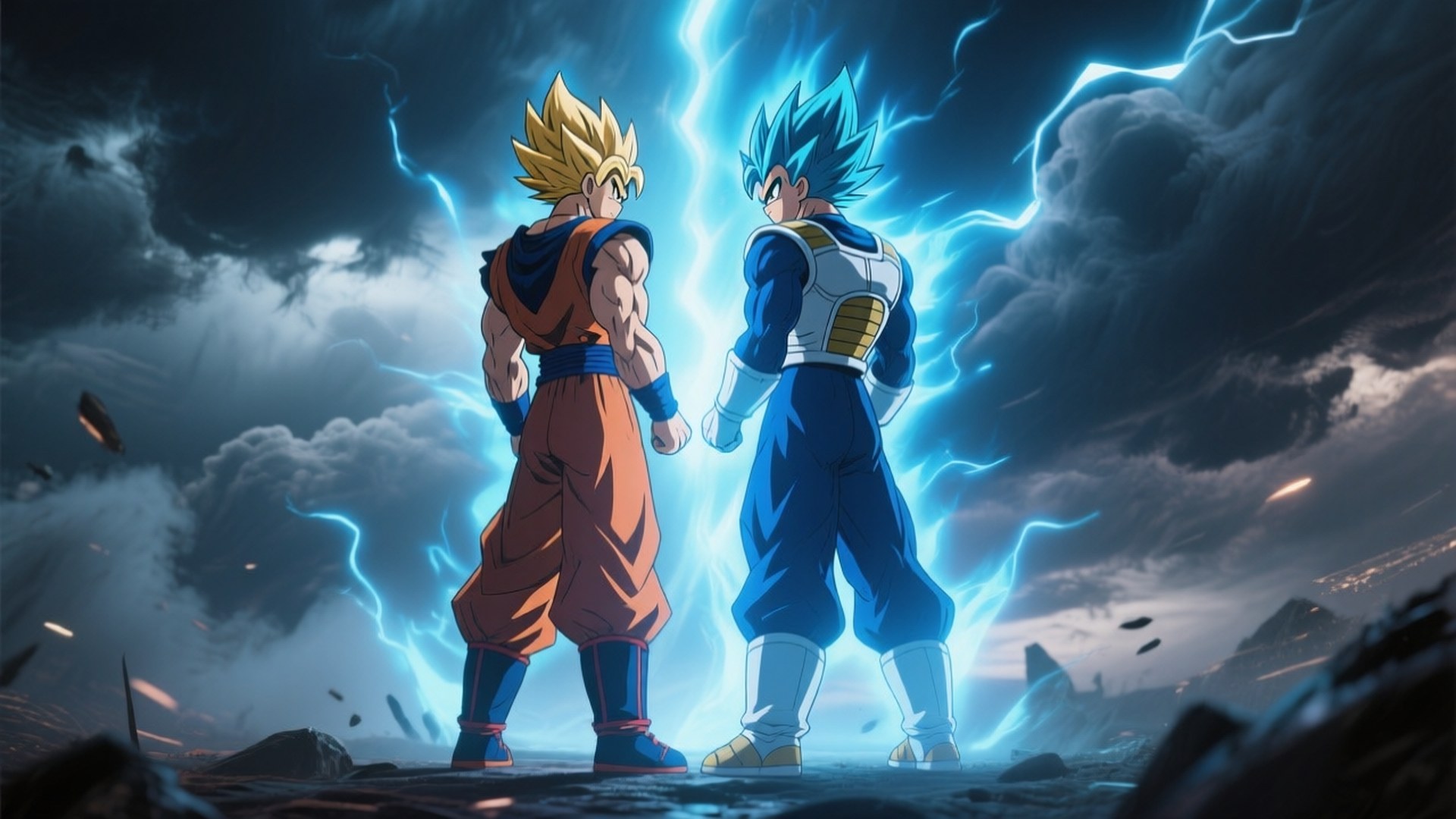 Saiyan Duo Stand Strong 壁紙 — 兩位超級賽亞人戰士在藍色閃電交加的暴風雨天空下對峙。
