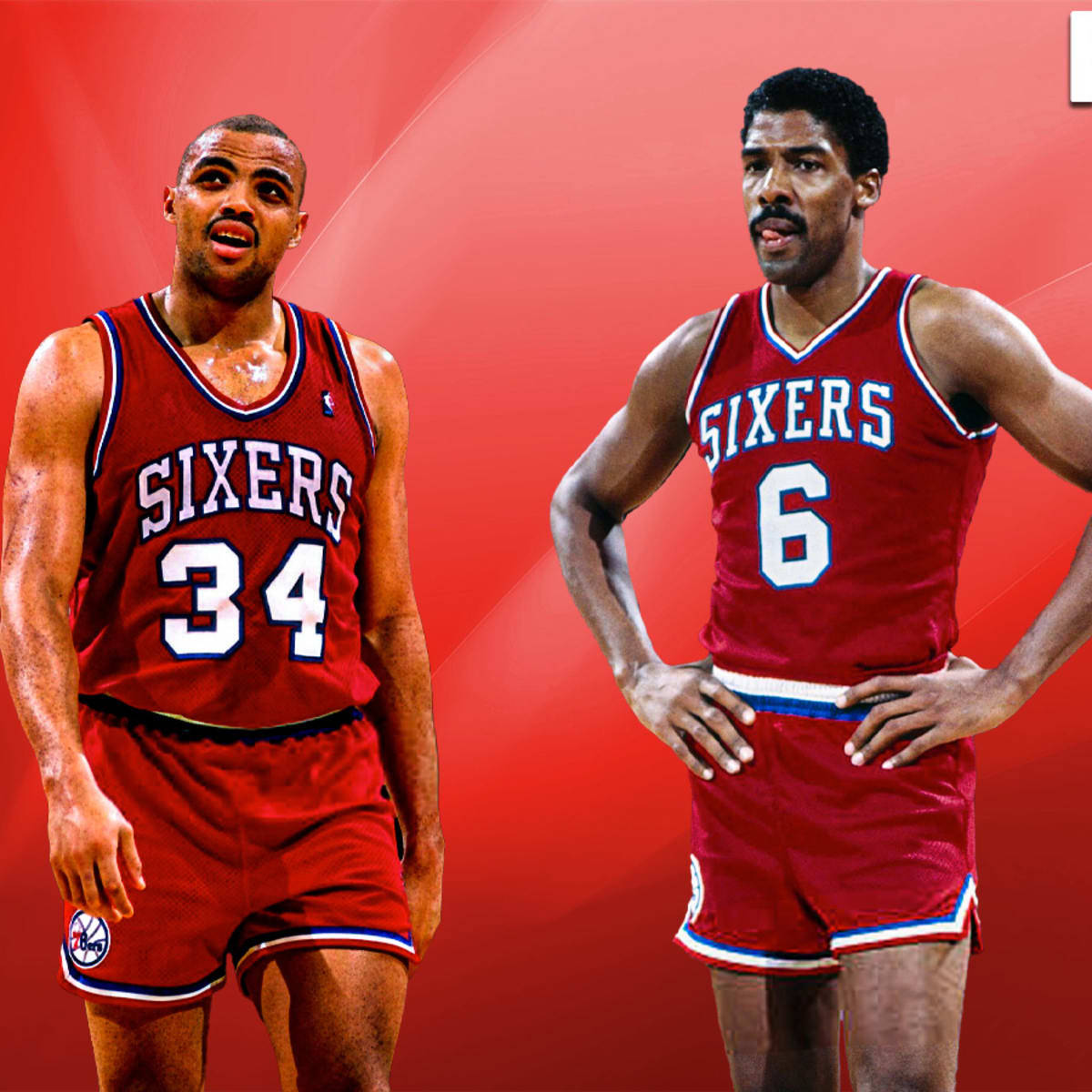 兩名身穿紅色球衣的費城76人籃球運動員站立，汗水清晰可見。 — NBA 壁紙