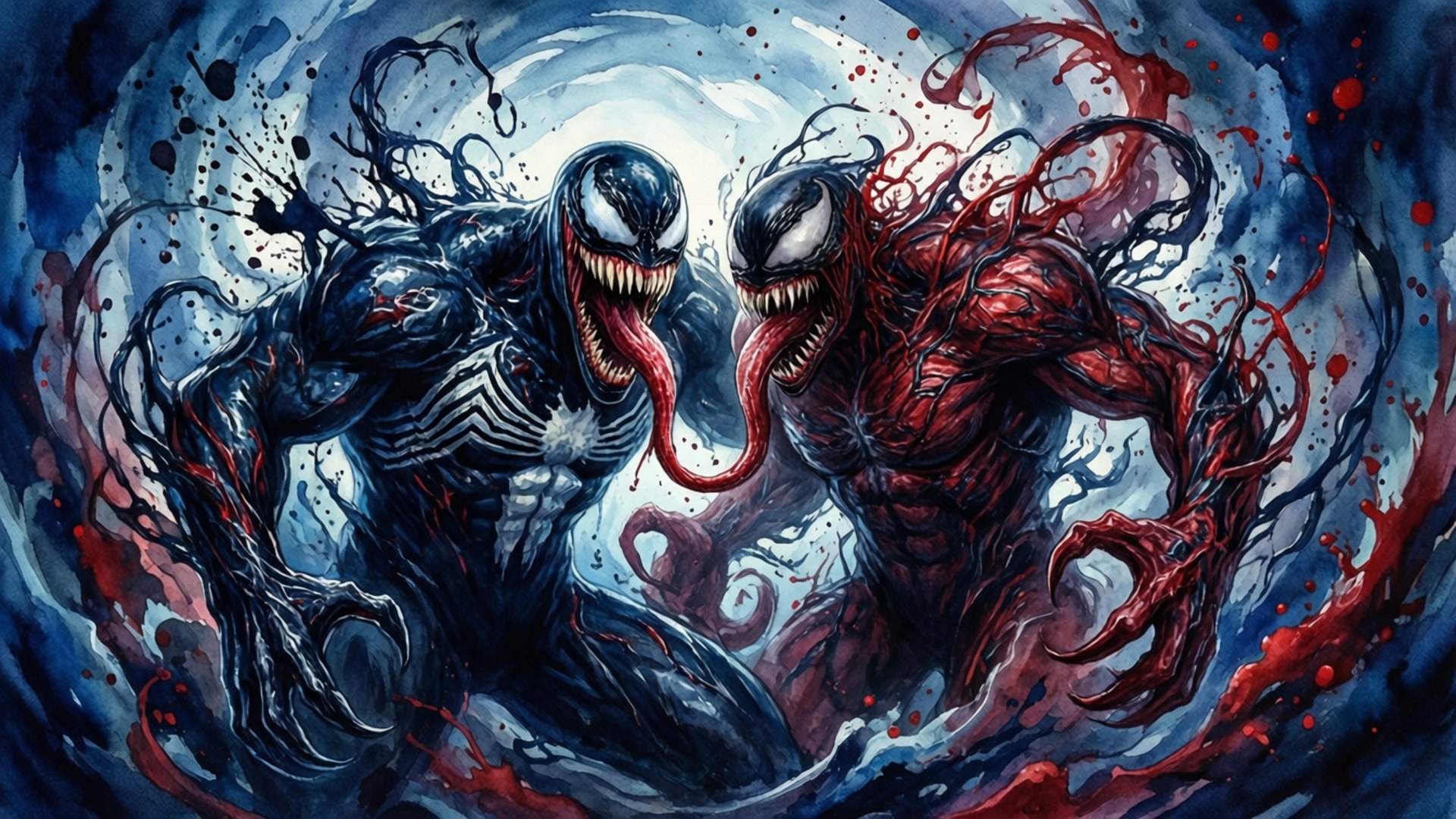 Symbiote Vortex 壁紙 — 兩個黑色和紅色的共生體戰士在混亂的戰鬥場景中，在旋轉的深藍色和深紅色能量中咆哮。