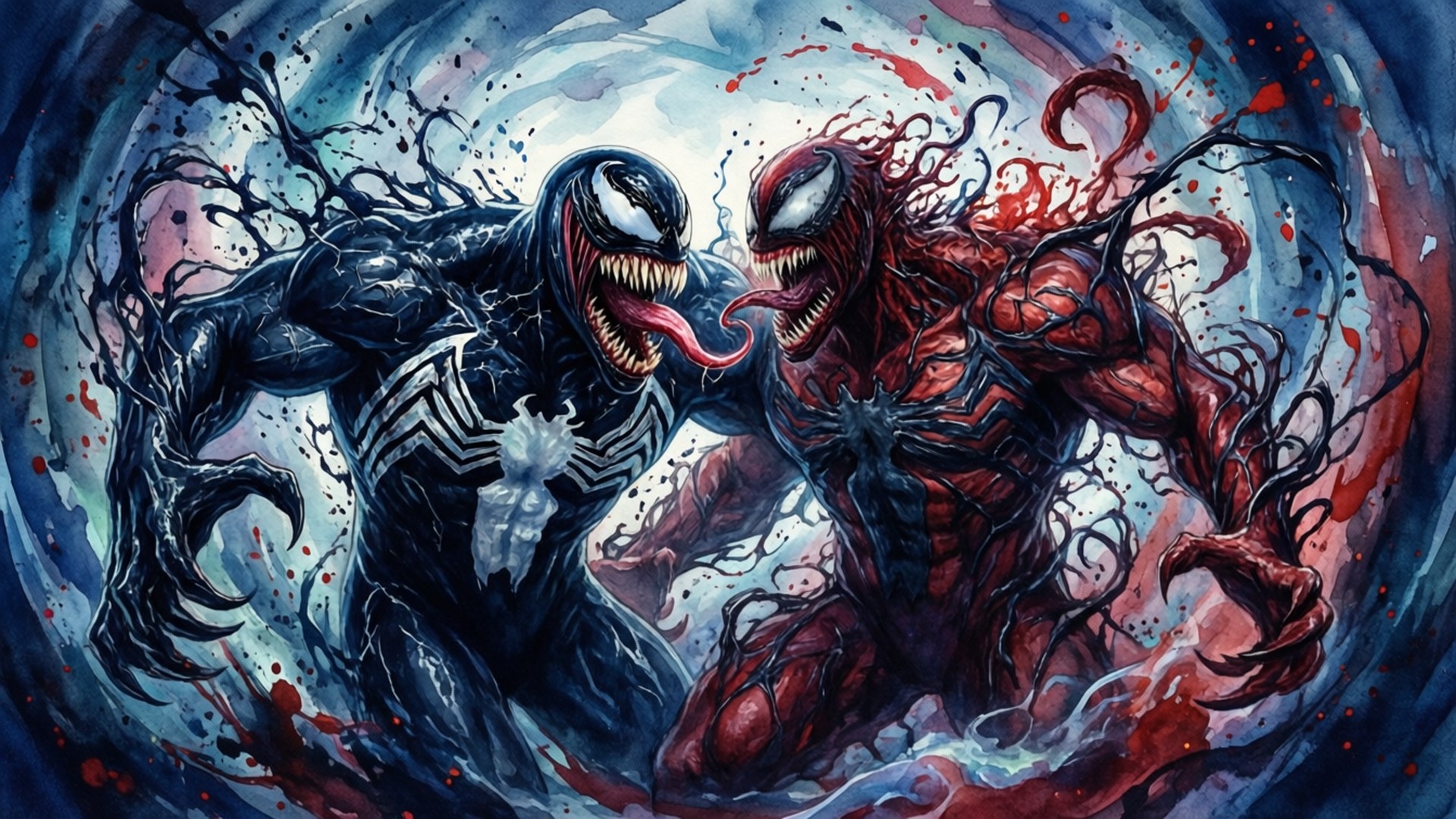 Symbiote Vortex 壁紙 — 兩個共生體戰士猛毒和屠殺在暗紅色和電光藍的混亂漩渦中碰撞，血跡和觸手四濺。
