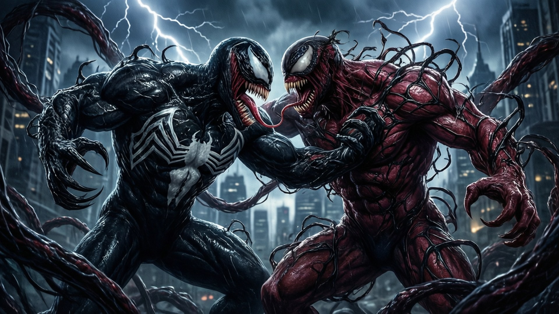 Venom Let There Be Carnage 桌布 壁紙 — 兩個共生體戰士猛毒和屠殺在雷電交加的暴風雨城市戰場上碰撞。