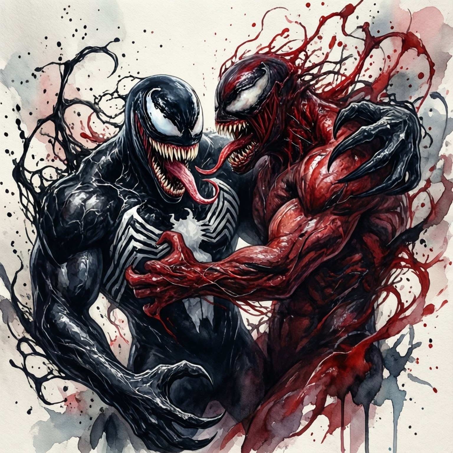 Watercolor Symbiotes 壁紙 — 兩個共生體戰士猛毒和屠殺在暴力水彩畫風格的打鬥中碰撞，濺出紅色和黑色墨水。
