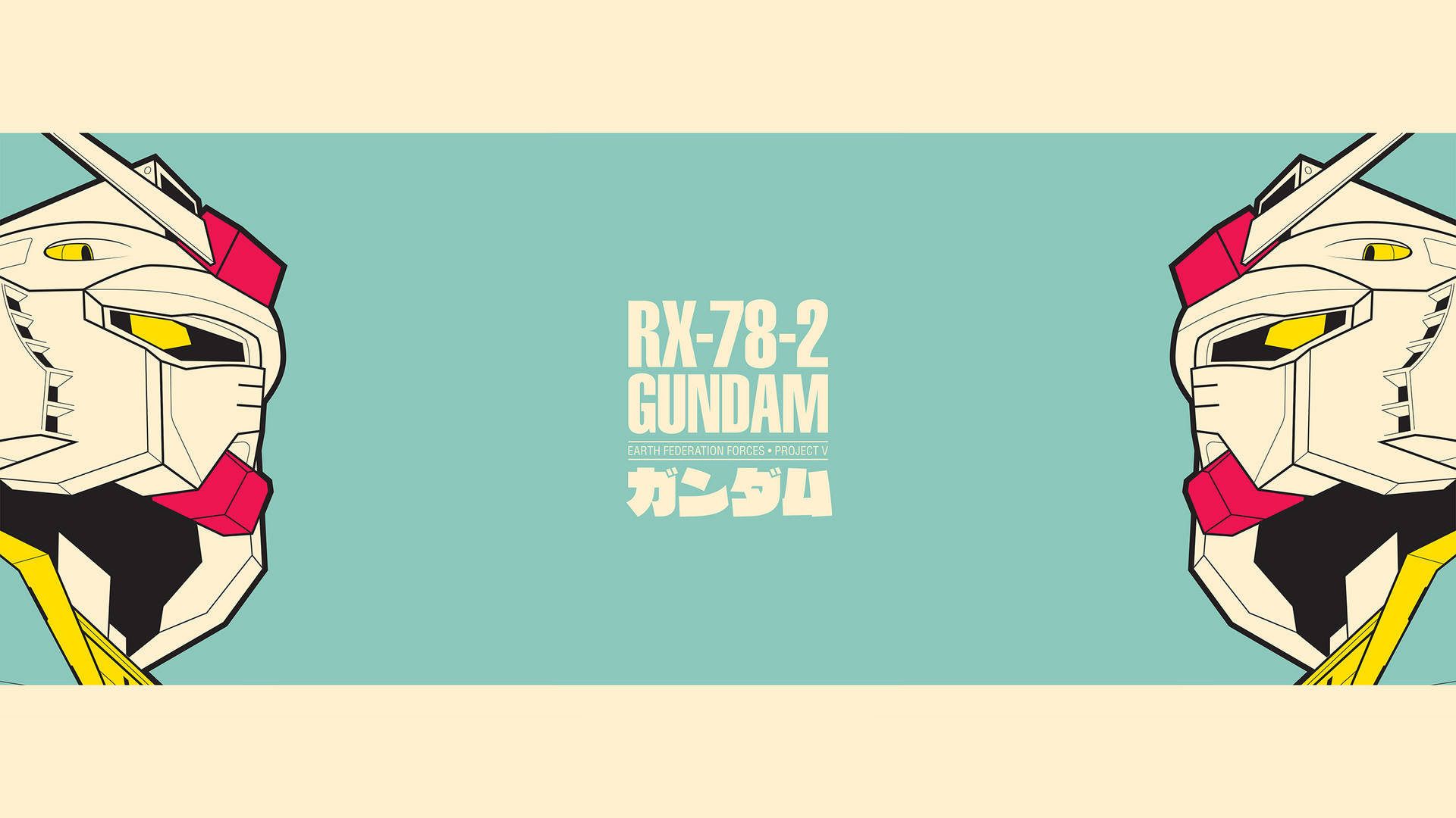 兩個Gundam RX-78-2機器人頭部向內，置中文字在青綠色背景上。 — 日本動漫 壁紙