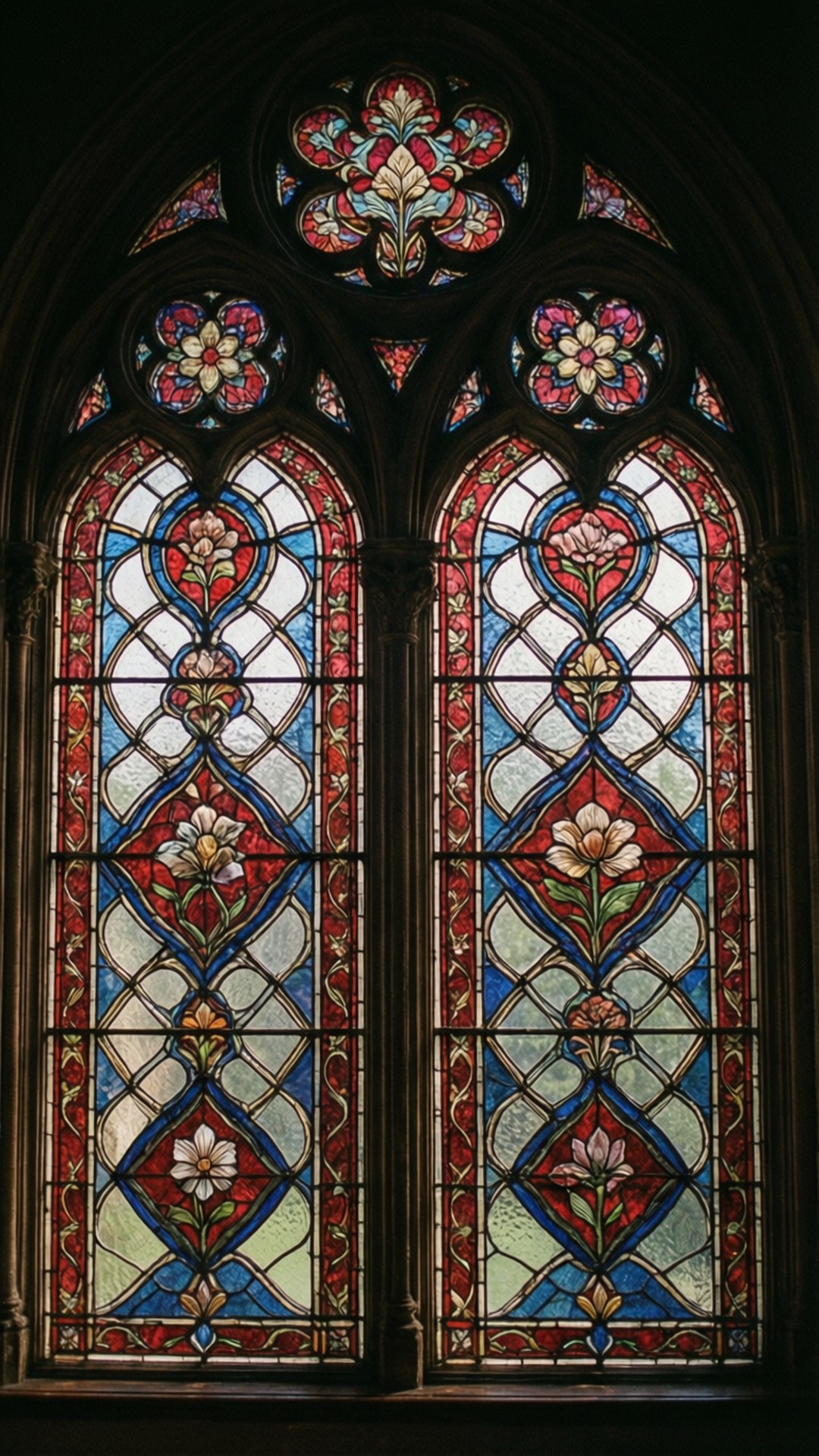 Victorian Stained Glass 壁紙 — 兩幅高拱形彩色玻璃窗，帶有紅、藍、白花卉圖案，鑲嵌在深色石框內。